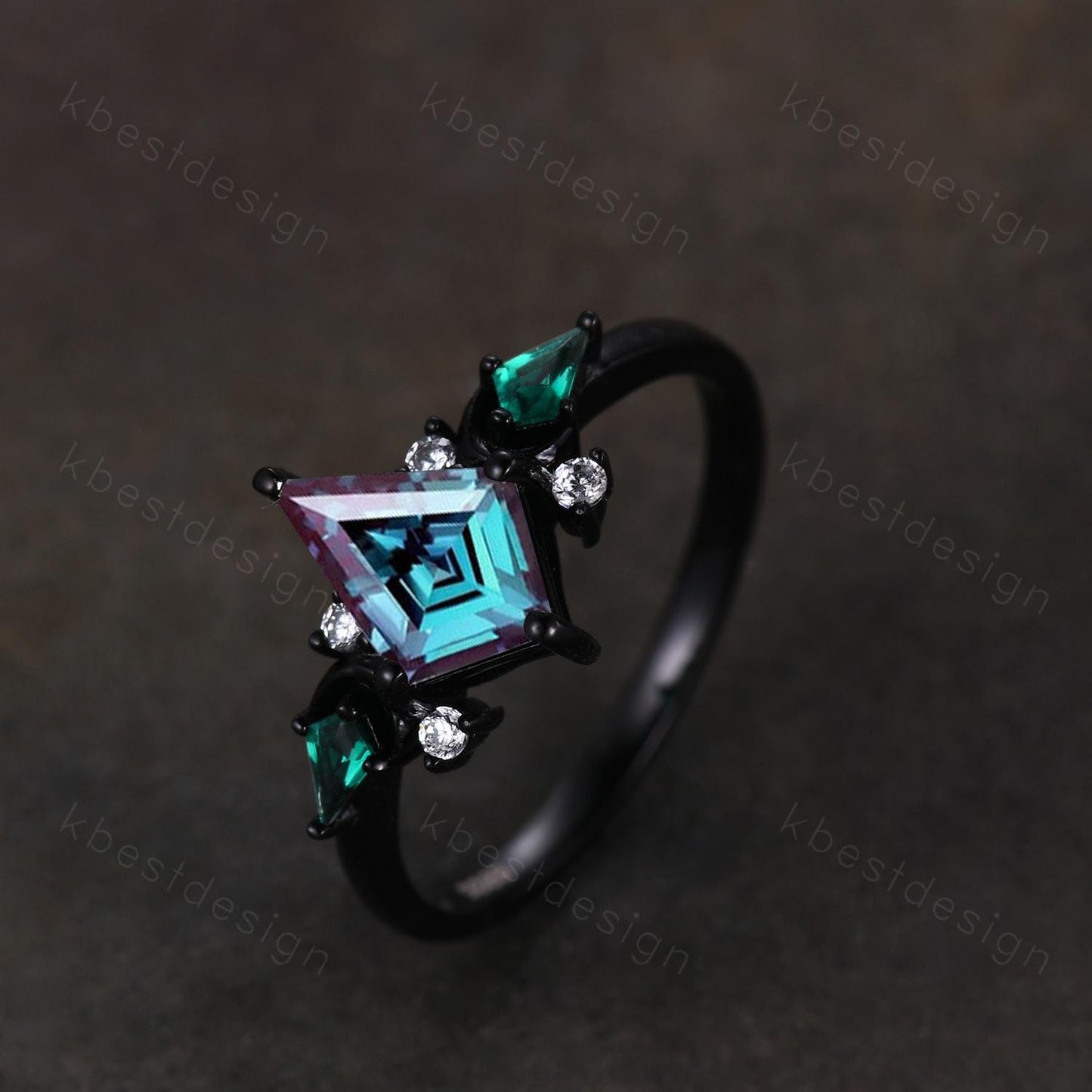 Kite cut Alexandrite engagement ring Black gold ring Art deco moon design emerald wedding ring unique cluster promise ring June birthstone