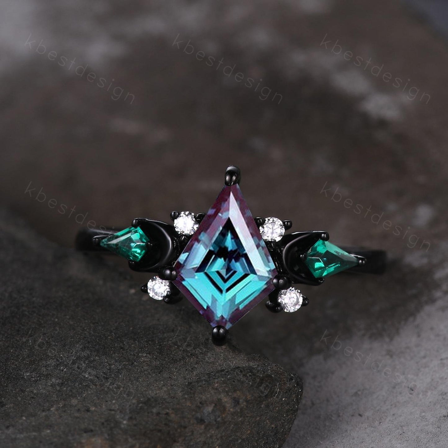 Kite cut Alexandrite engagement ring Black gold ring Art deco moon design emerald wedding ring unique cluster promise ring June birthstone