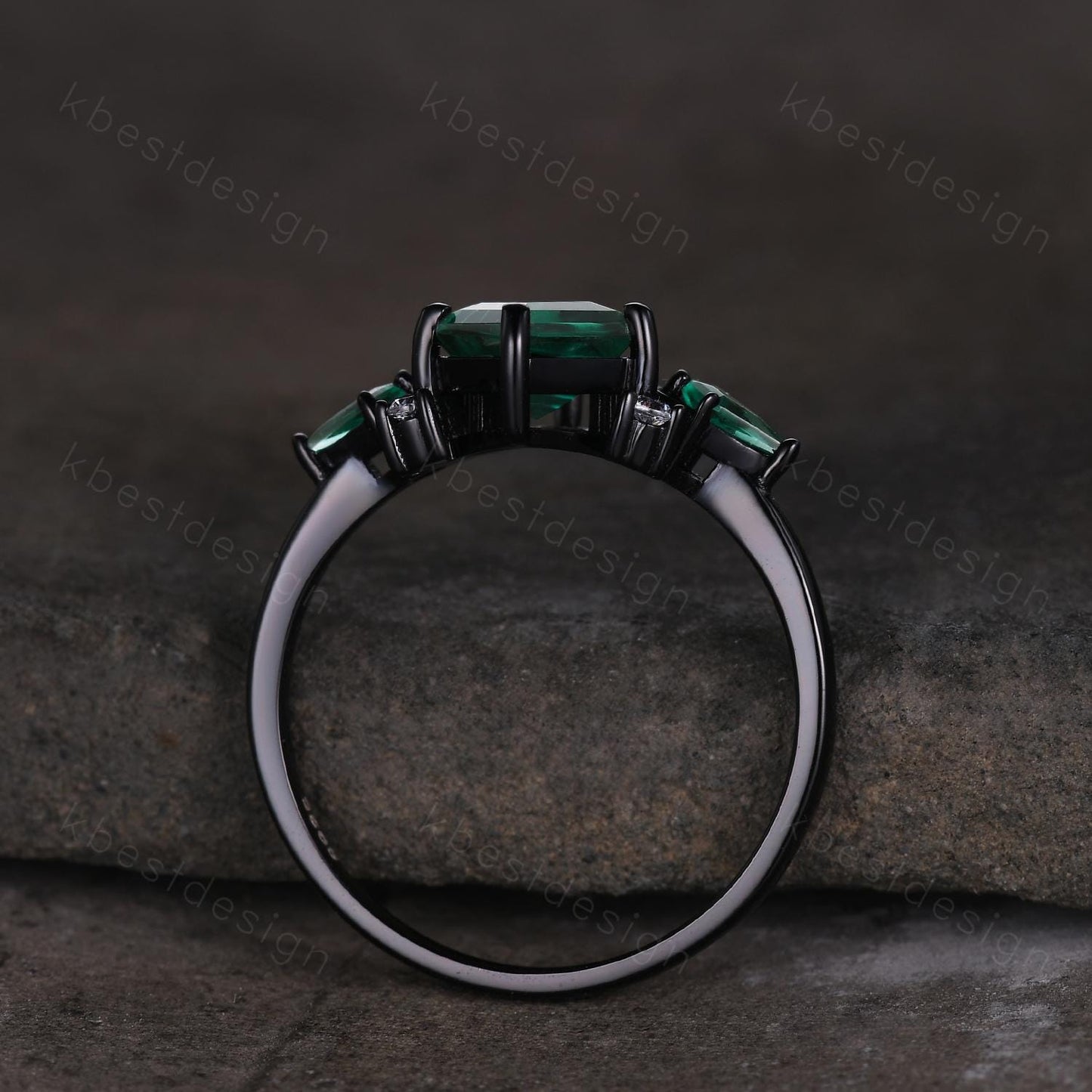 Kite cut Alexandrite engagement ring Black gold ring Art deco moon design emerald wedding ring unique cluster promise ring June birthstone