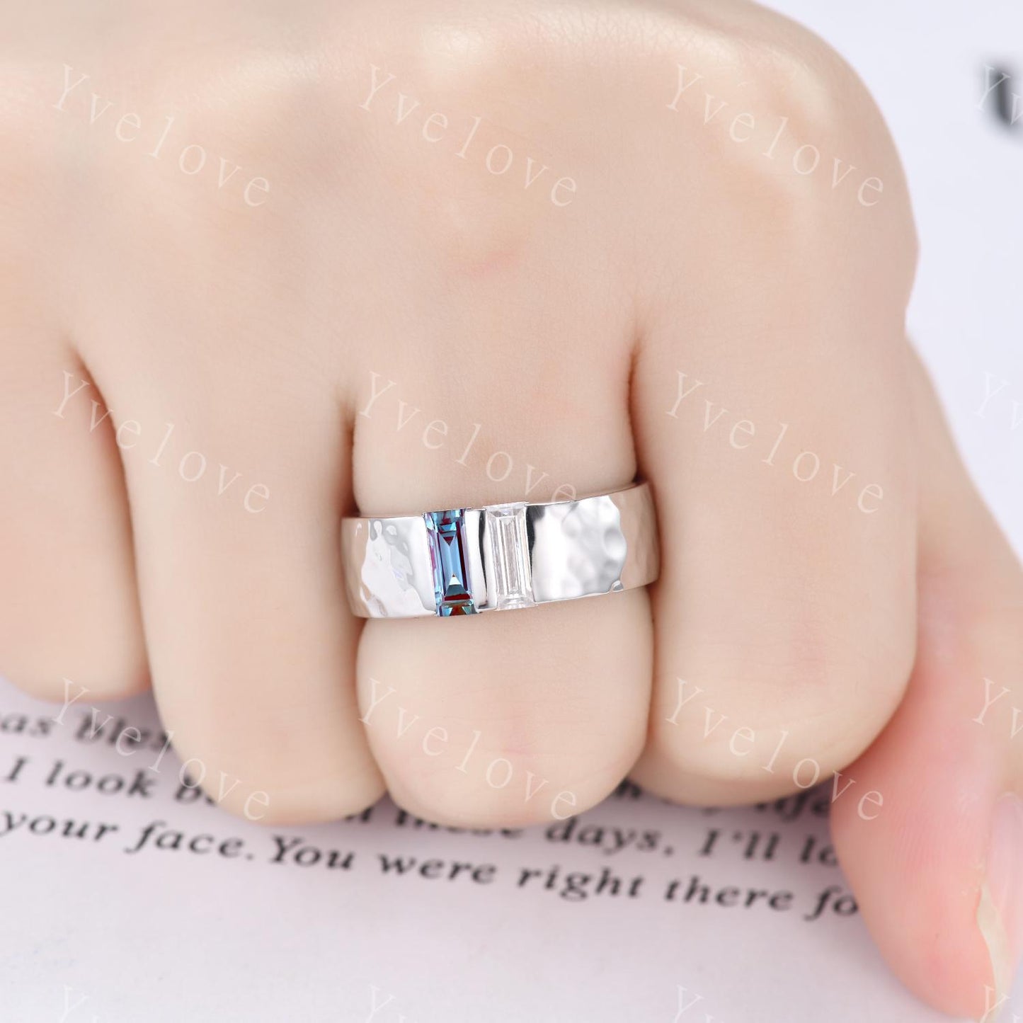 7mm Mens Alexandrite Wedding Band Baguette Alexandrite Moissanite Band Silver Ring Mens Hammered Stacking Matching Band Retro Vintage Gift
