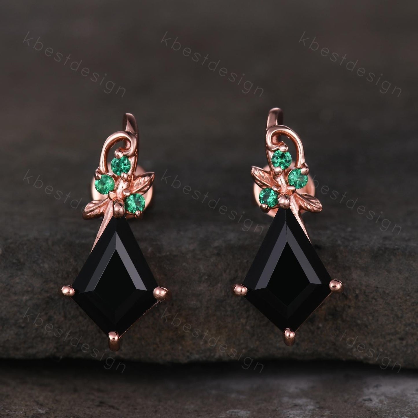 Kite cut black onyx earrings women rose gold earring studs nature inspired earrings art deco emerald studs birthday/anniversary gift for her