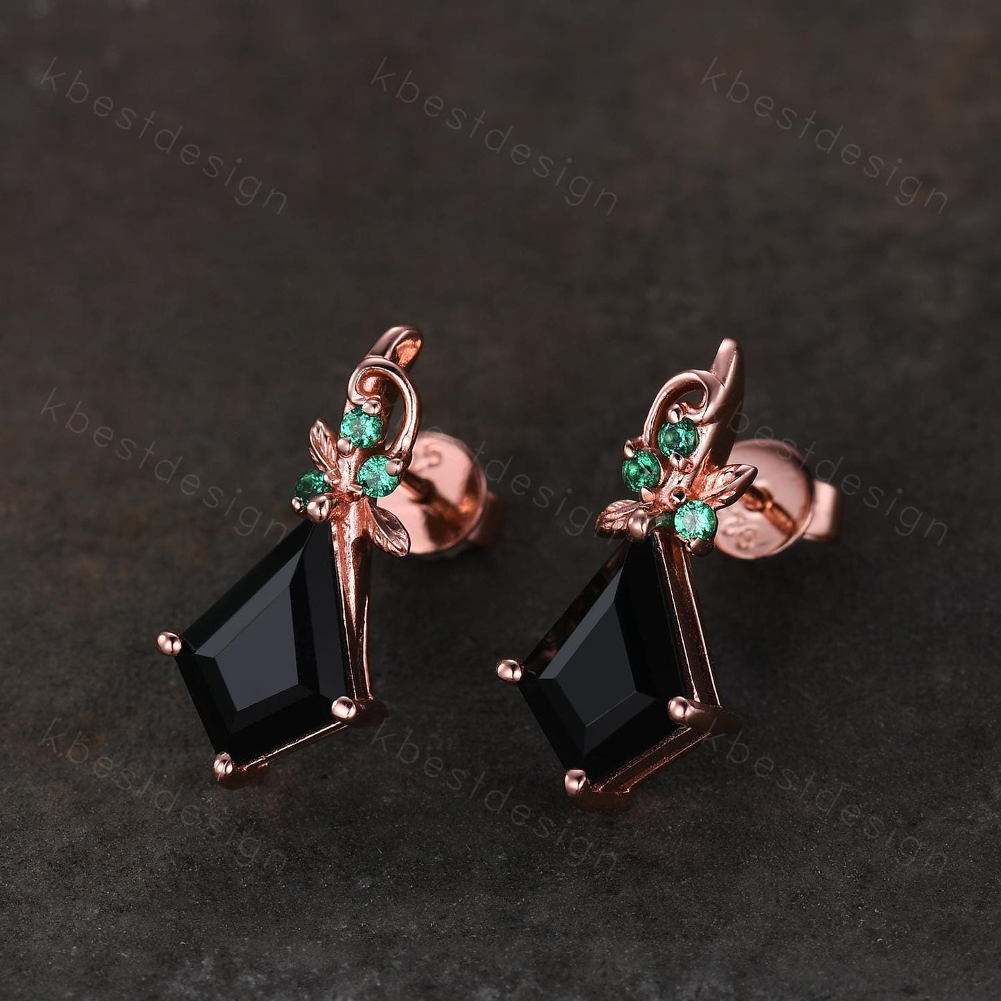 Kite cut black onyx earrings women rose gold earring studs nature inspired earrings art deco emerald studs birthday/anniversary gift for her