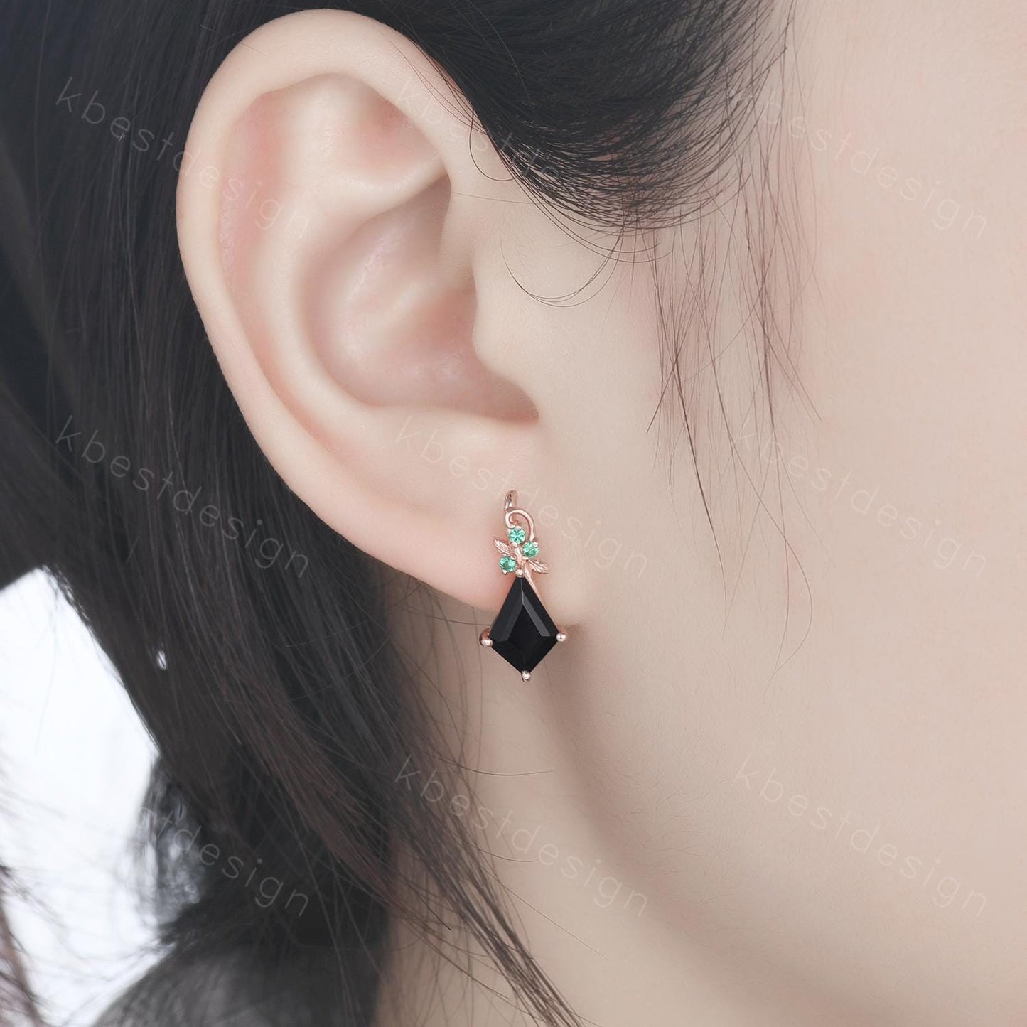 Kite cut black onyx earrings women rose gold earring studs nature inspired earrings art deco emerald studs birthday/anniversary gift for her