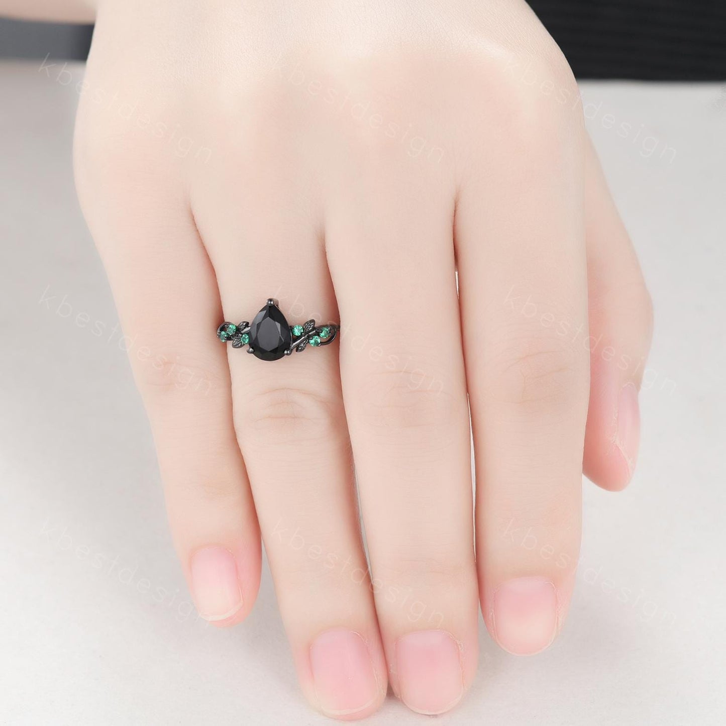 Pear cut black onyx engagement ring Black gold ring Art deco leaf design emerald wedding ring nature inspired ring bridal promise ring