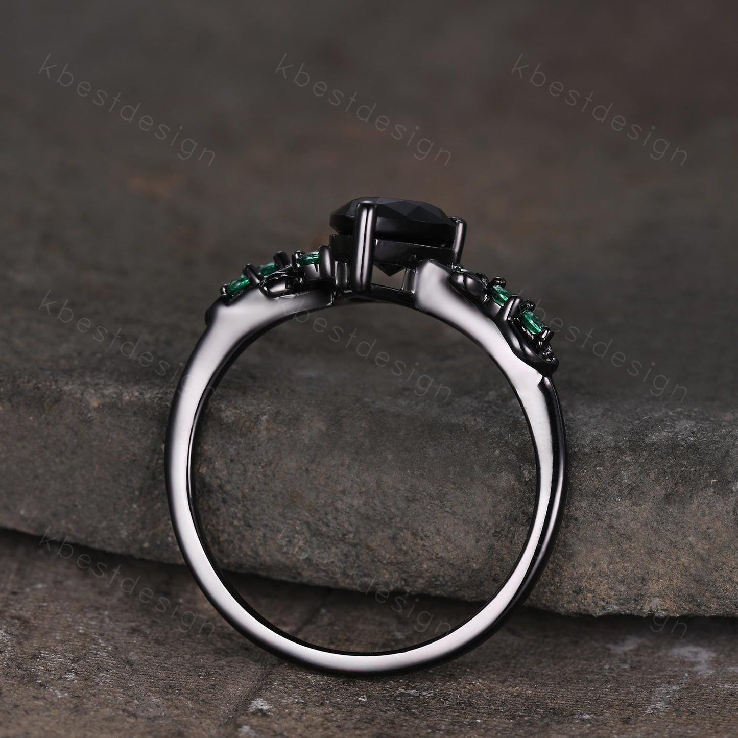 Pear cut black onyx engagement ring Black gold ring Art deco leaf design emerald wedding ring nature inspired ring bridal promise ring