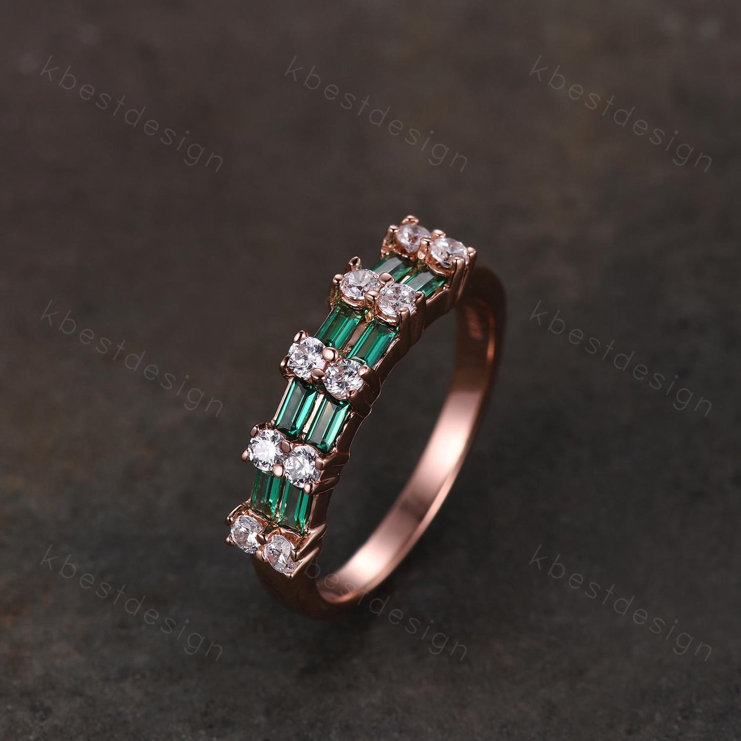 Vintage Emerald wedding band women Baguette cut Half eternity band Rose gold wedding band Unique Stacking Matching bridal promise ring