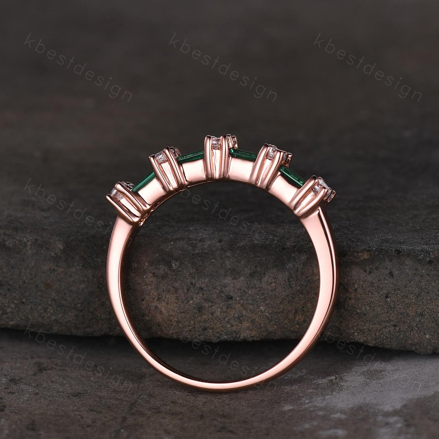 Vintage Emerald wedding band women Baguette cut Half eternity band Rose gold wedding band Unique Stacking Matching bridal promise ring