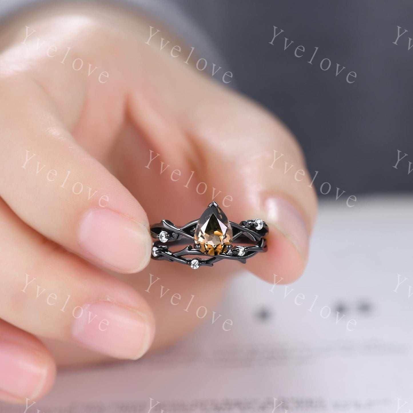 Unique Twig Teardrop Smoky Quartz Engagement Ring Set,Vintage Vine Diamond Ring,Black Gold Branch Ring,Art Deco Her Promise Ring Bridal Set