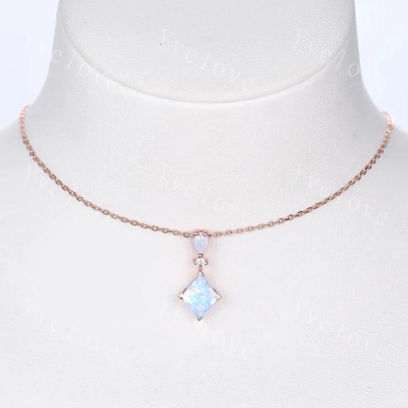 Vintage unique lozenge white opal necklace solid 10k gold opal diamond personalized pendant for women anniversary bridal gift for her