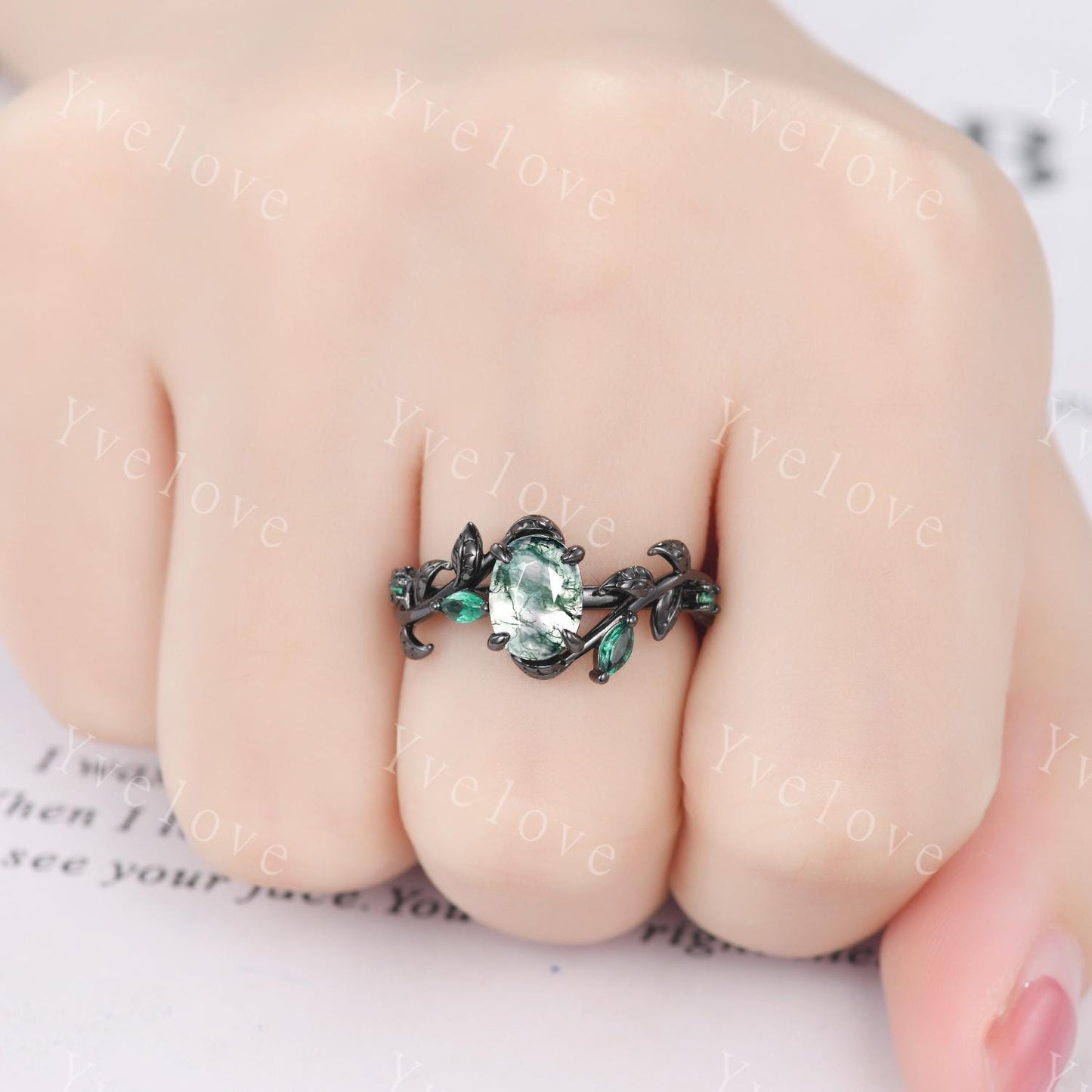 Gothic Oval Shape Moss Agate Engagement Ring Set,Black Gold Leaf Green Emerald Promise Ring Unique Black Rhodium Moon Ring Bridal Set Gift