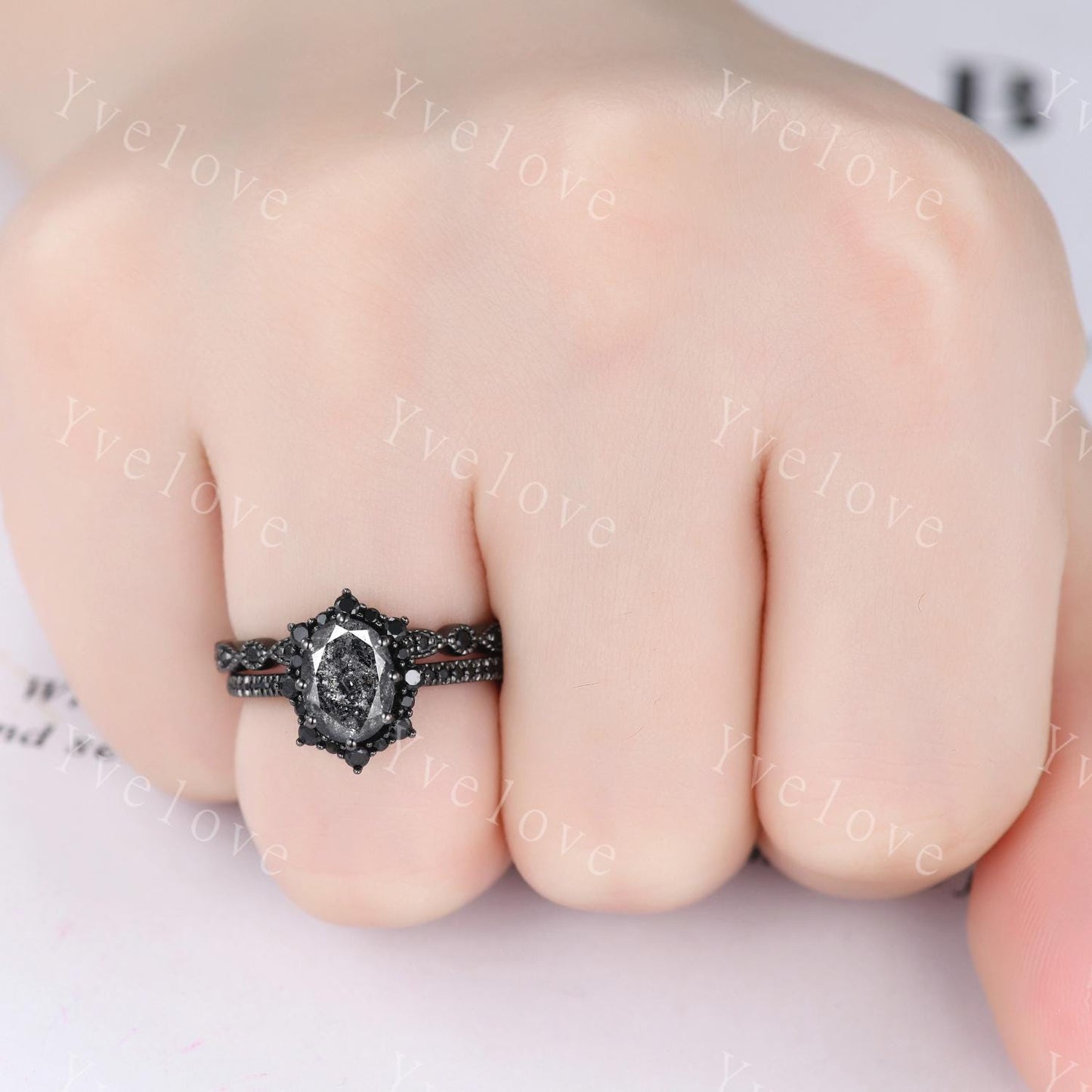 Gothic Oval Shape Salt and Pepper Diamond Engagement Ring,14k Black Gold Diamond Promise Ring Unique Rhodium Black Witchy Ring Bridal Gift
