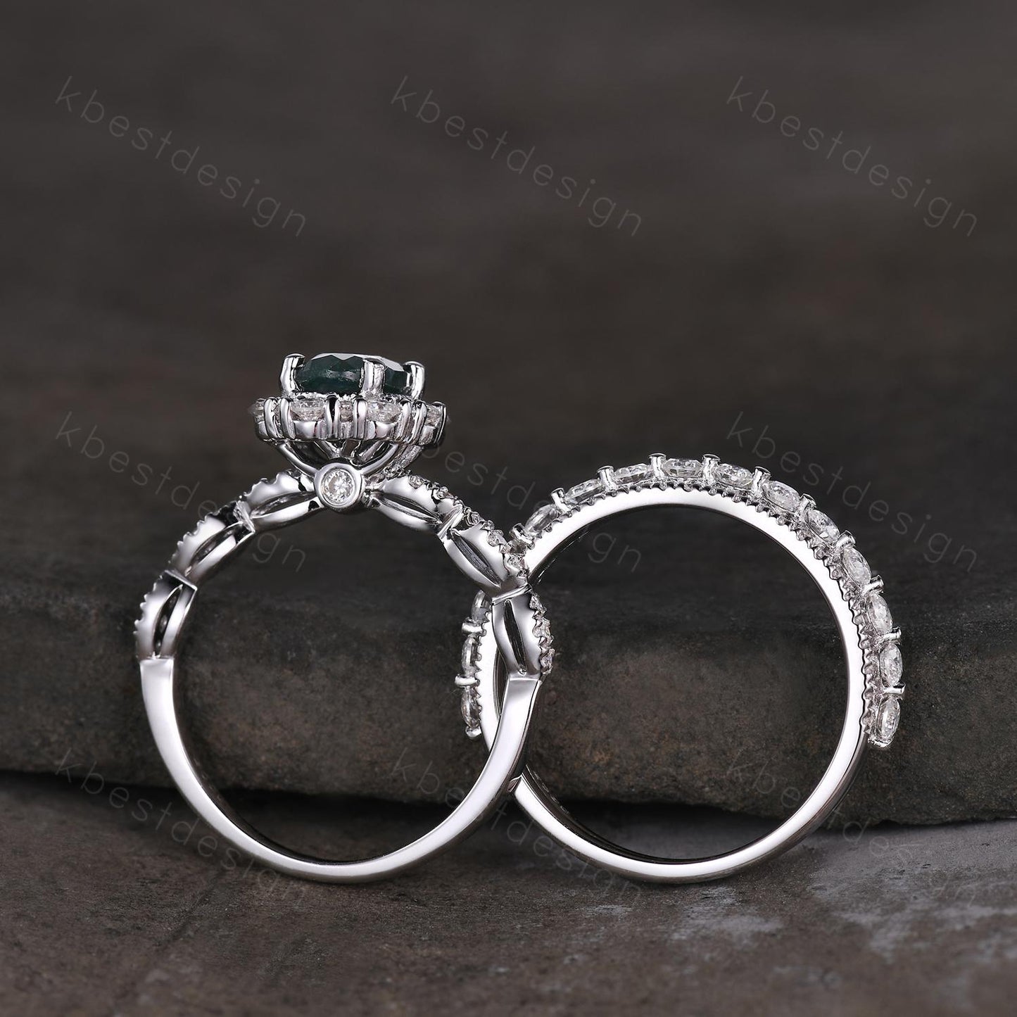 Vintage oval moss agate engagement ring set sterling silver 2mm half eternity moissanite band unique art deco bridal wedding ring set