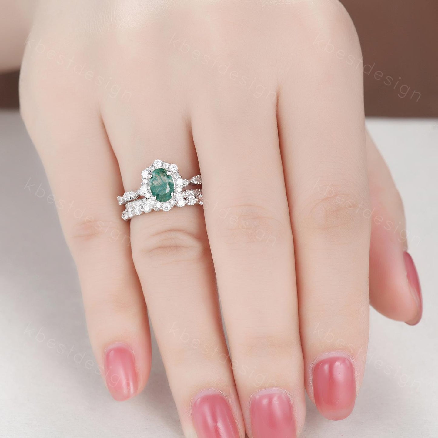 Vintage oval moss agate engagement ring set sterling silver 2mm half eternity moissanite band unique art deco bridal wedding ring set