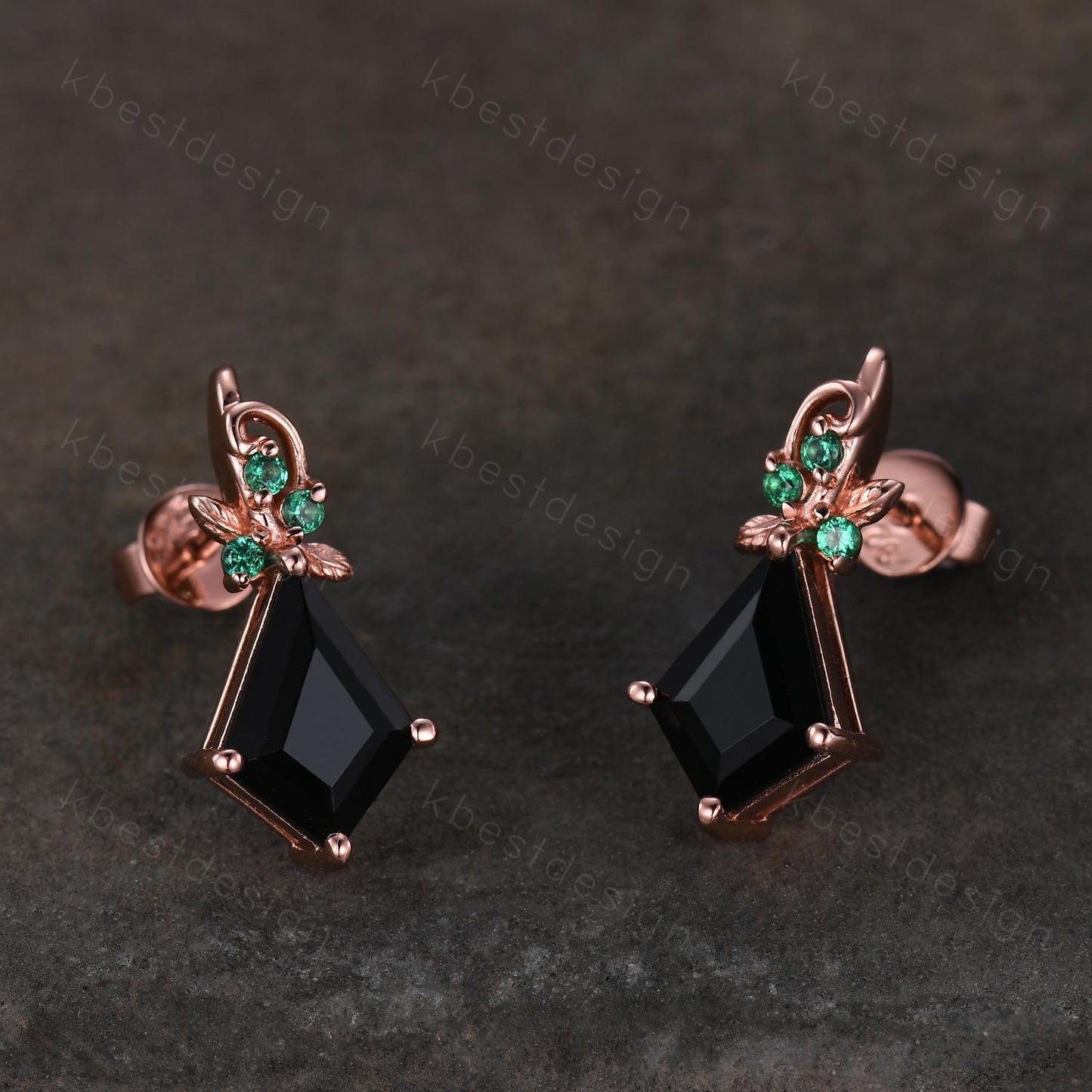 Kite cut black onyx earrings women rose gold earring studs nature inspired earrings art deco emerald studs birthday/anniversary gift for her