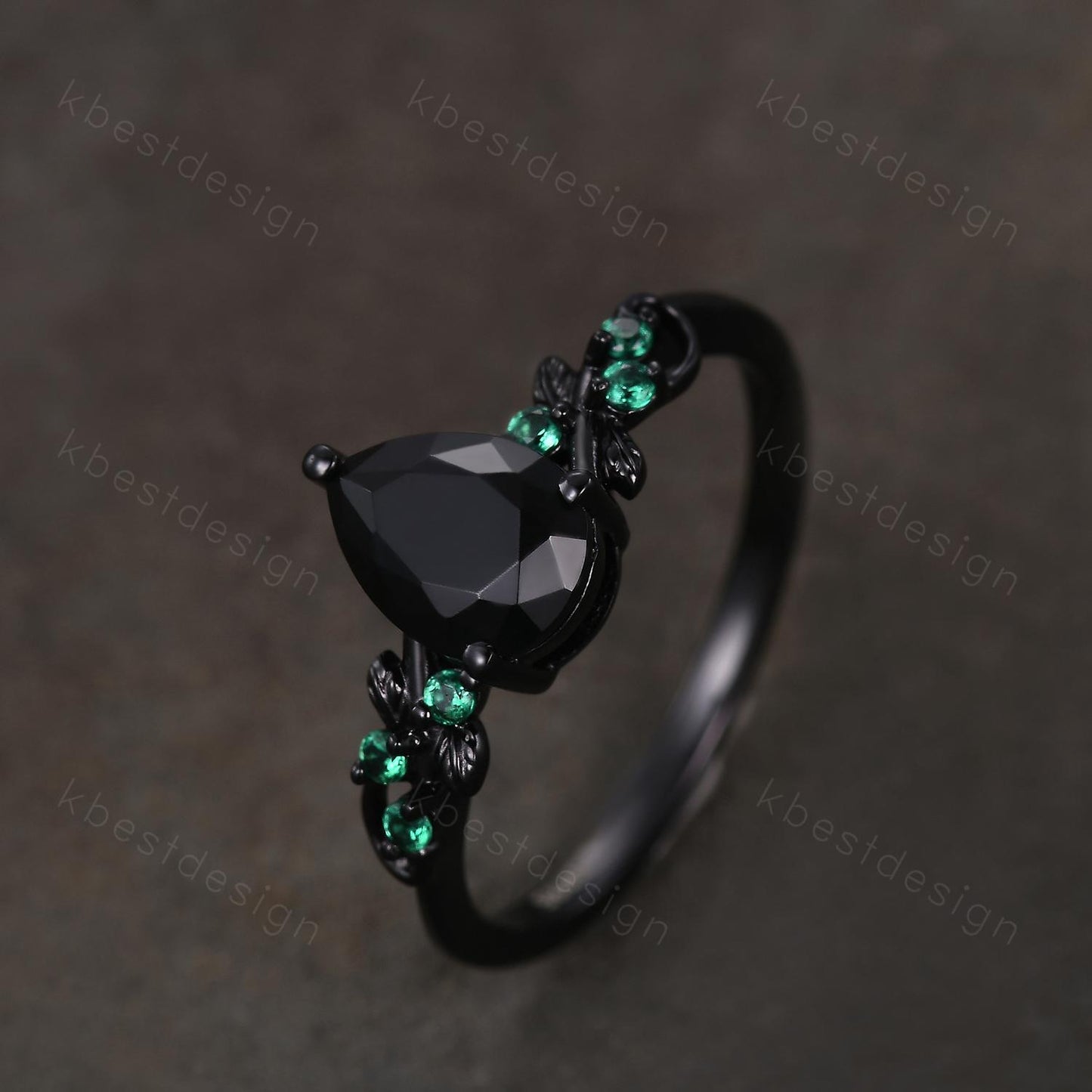 Pear cut black onyx engagement ring Black gold ring Art deco leaf design emerald wedding ring nature inspired ring bridal promise ring