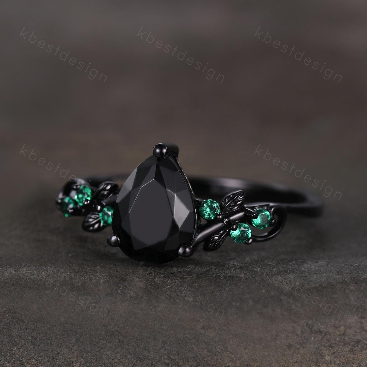 Pear cut black onyx engagement ring Black gold ring Art deco leaf design emerald wedding ring nature inspired ring bridal promise ring