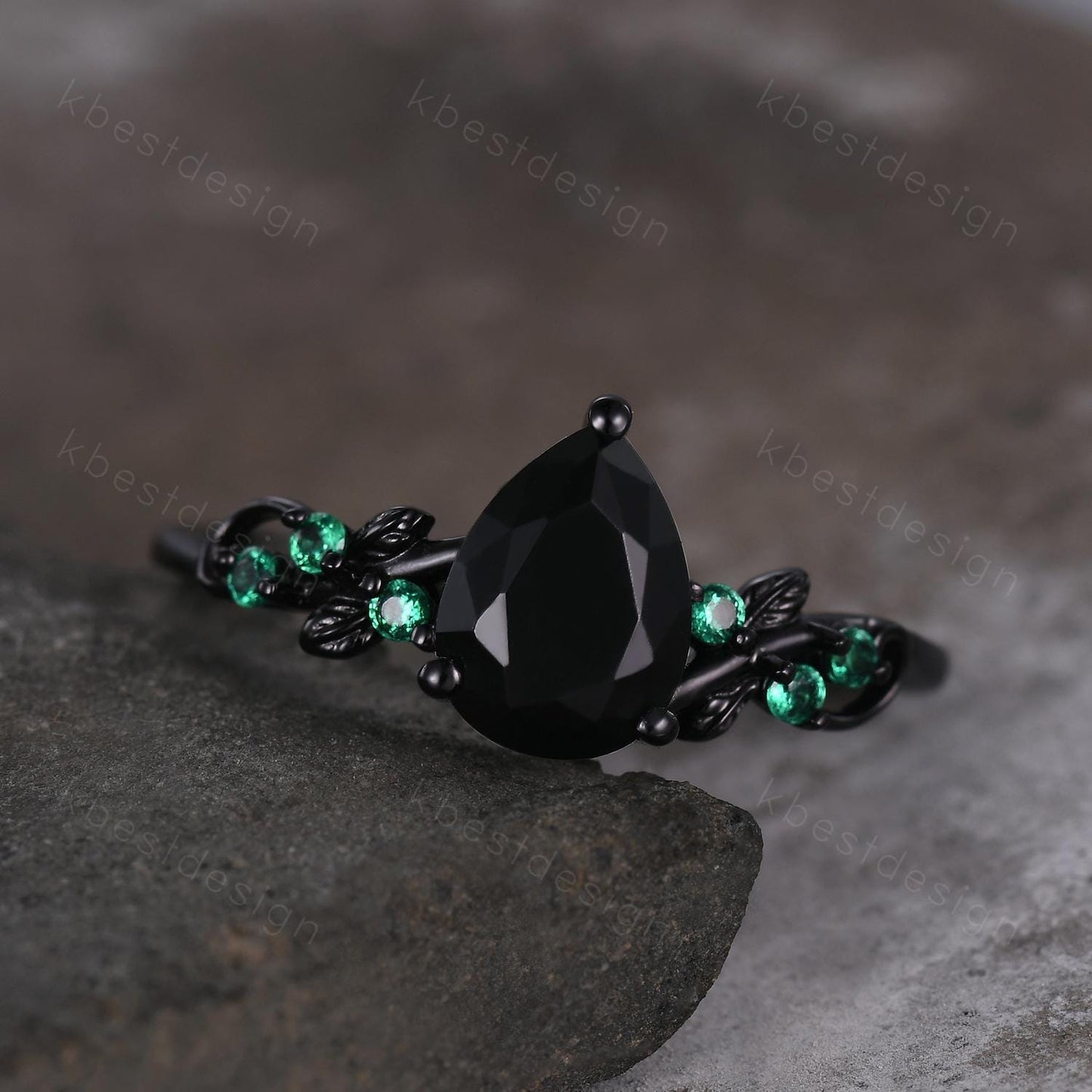 Pear cut black onyx engagement ring Black gold ring Art deco leaf design emerald wedding ring nature inspired ring bridal promise ring