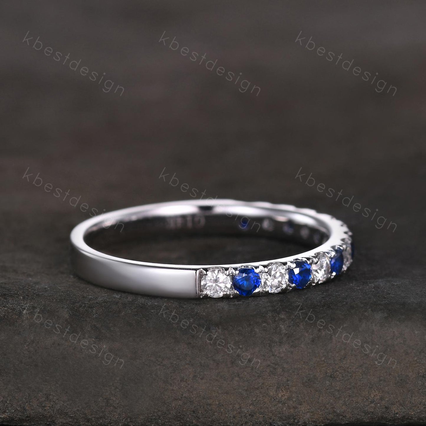 2mm Blue Sapphire Wedding Band Silver Half Eternity Stacking Band Colorless Moissanite Ring Women Matching Band Promise Anniversary Ring