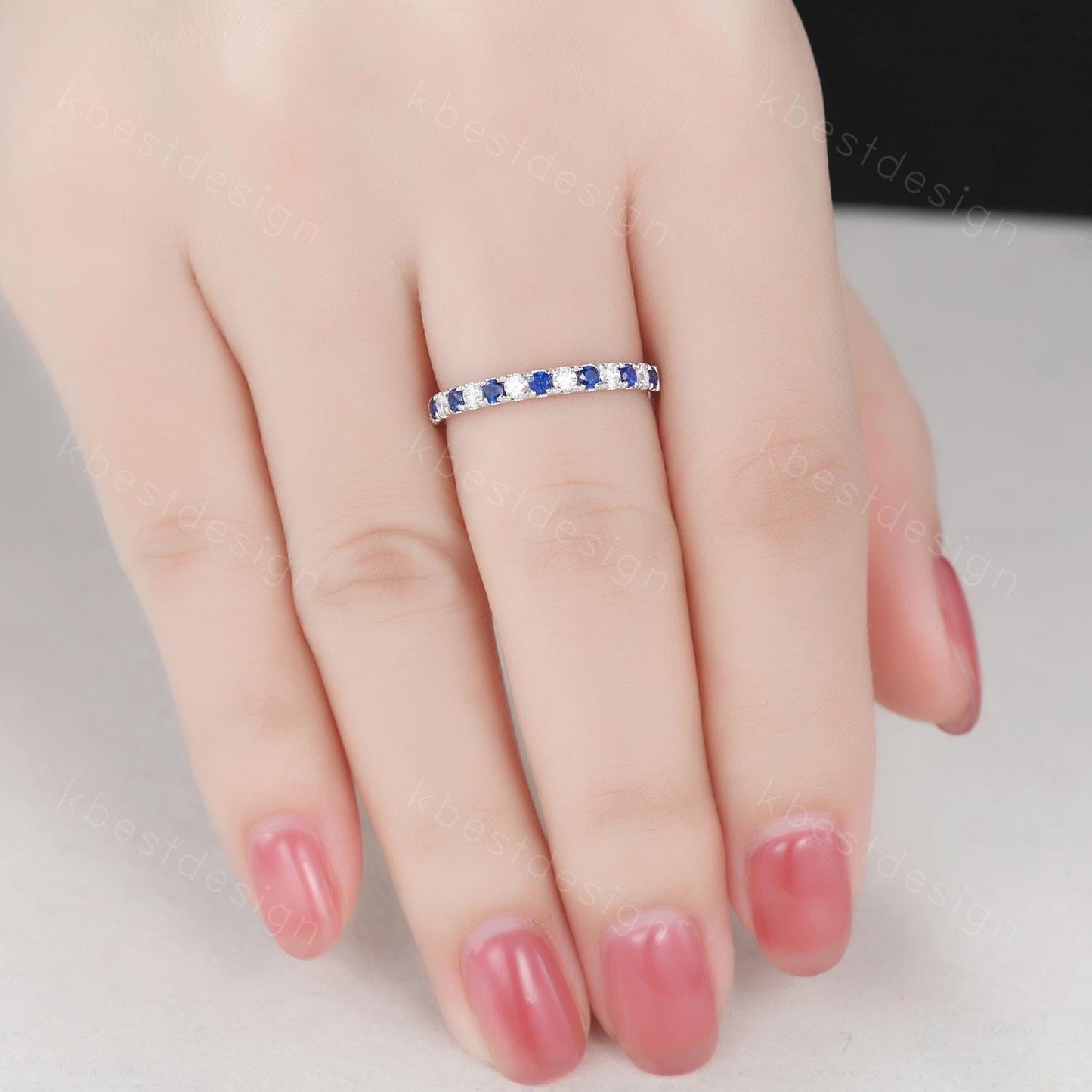 2mm Blue Sapphire Wedding Band Silver Half Eternity Stacking Band Colorless Moissanite Ring Women Matching Band Promise Anniversary Ring