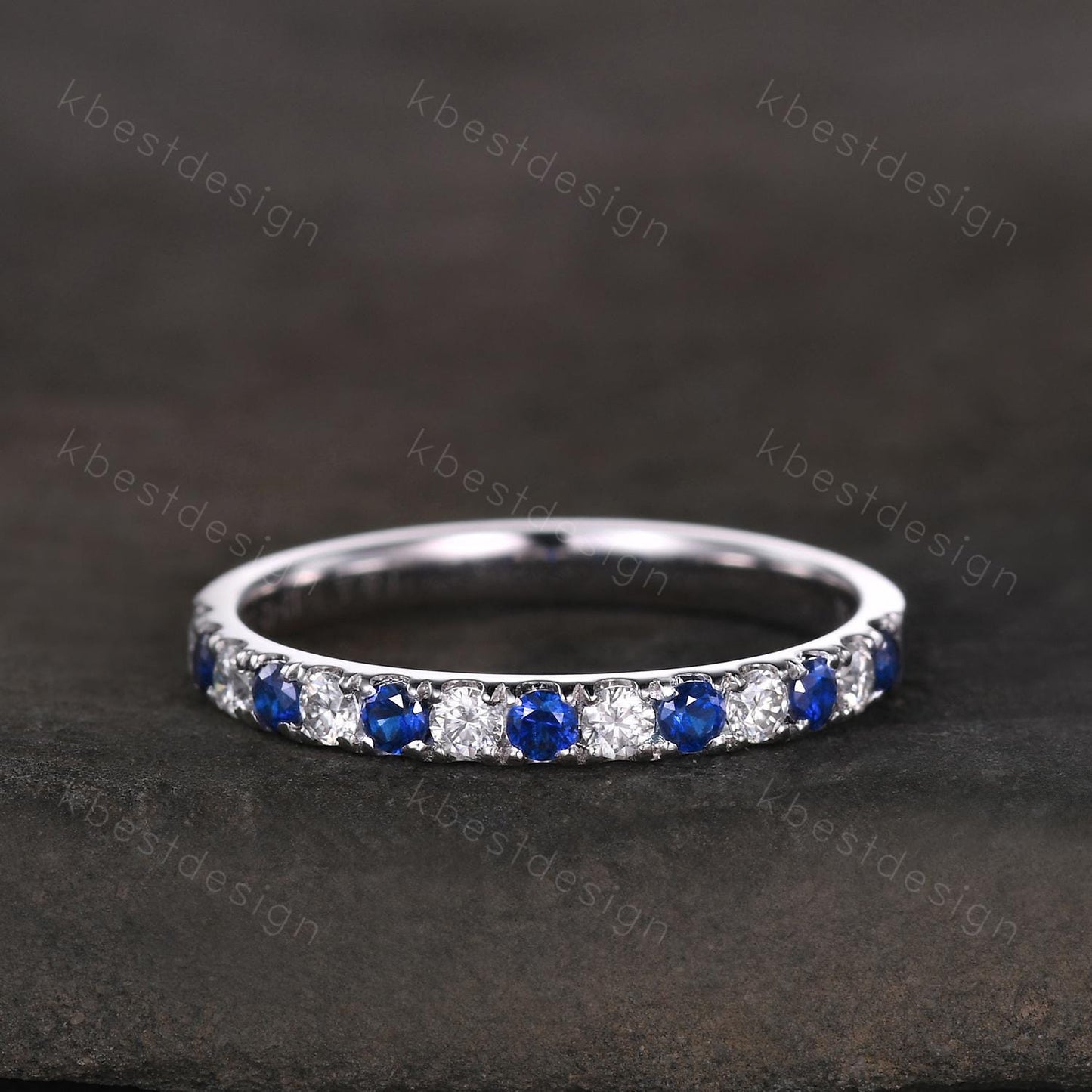 2mm Blue Sapphire Wedding Band Silver Half Eternity Stacking Band Colorless Moissanite Ring Women Matching Band Promise Anniversary Ring