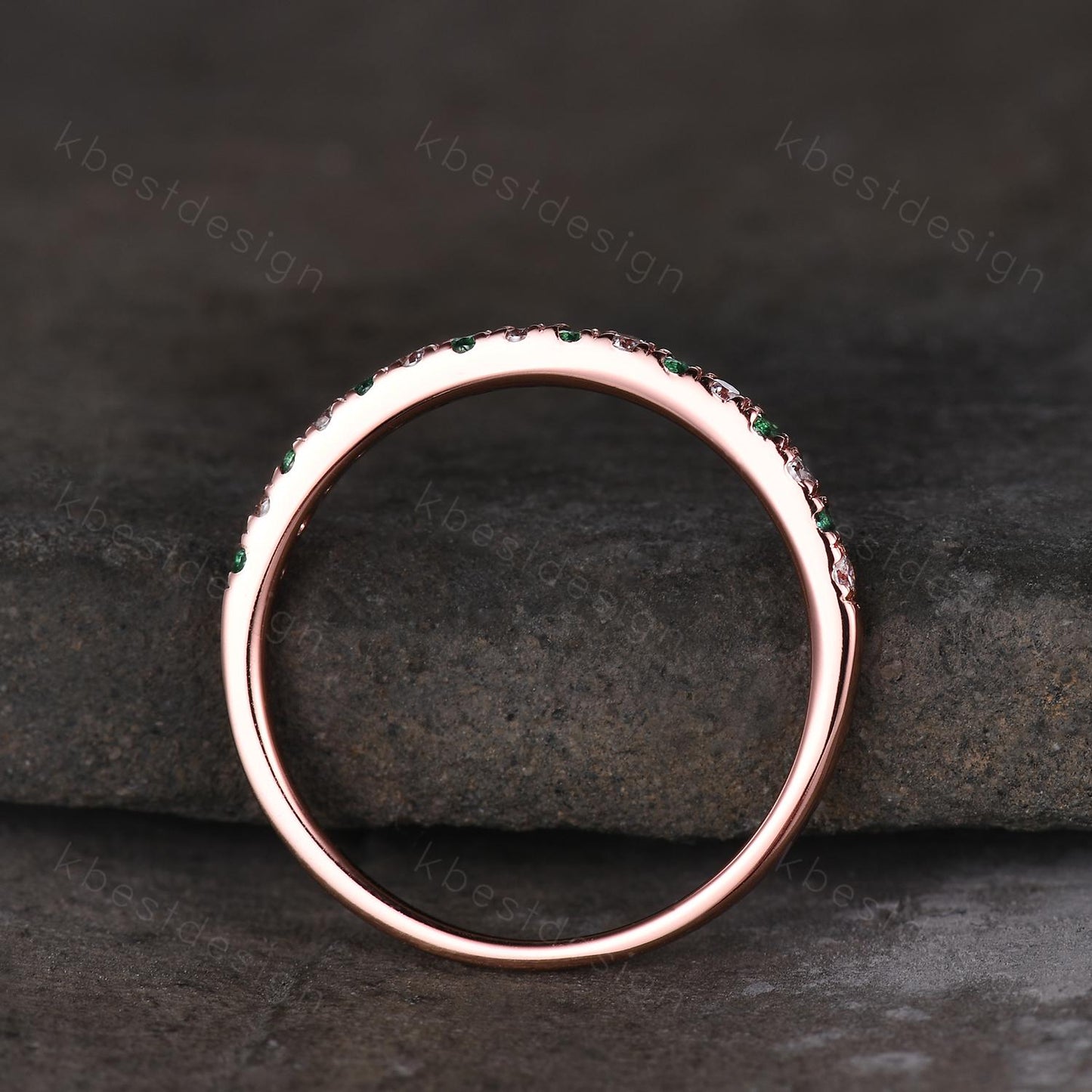 Half Eternity Emerald Wedding Band 1.5mm Emerald Moissanite Wedding Band Rose Gold Matching Ring Pave Stacking Band Anniversary Gift for Her