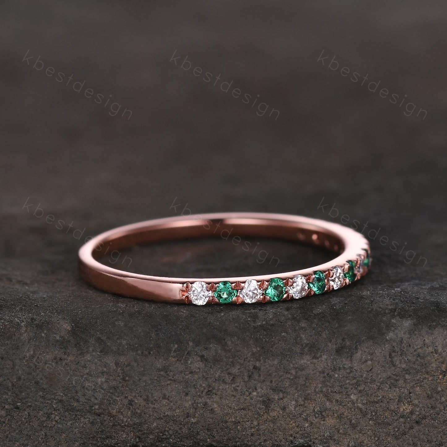 Half Eternity Emerald Wedding Band 1.5mm Emerald Moissanite Wedding Band Rose Gold Matching Ring Pave Stacking Band Anniversary Gift for Her