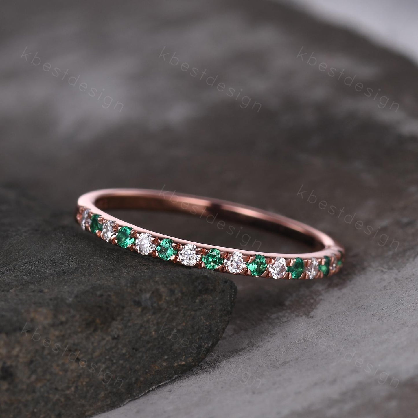 Half Eternity Emerald Wedding Band 1.5mm Emerald Moissanite Wedding Band Rose Gold Matching Ring Pave Stacking Band Anniversary Gift for Her