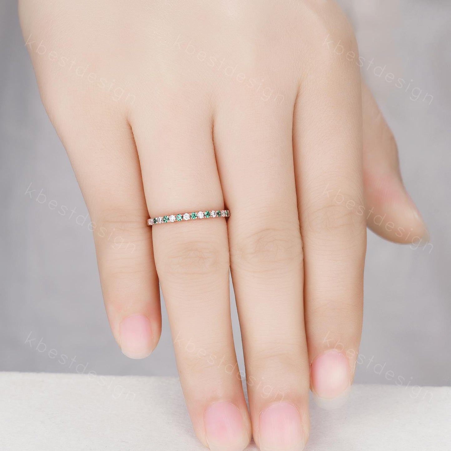 Half Eternity Emerald Wedding Band 1.5mm Emerald Moissanite Wedding Band Rose Gold Matching Ring Pave Stacking Band Anniversary Gift for Her