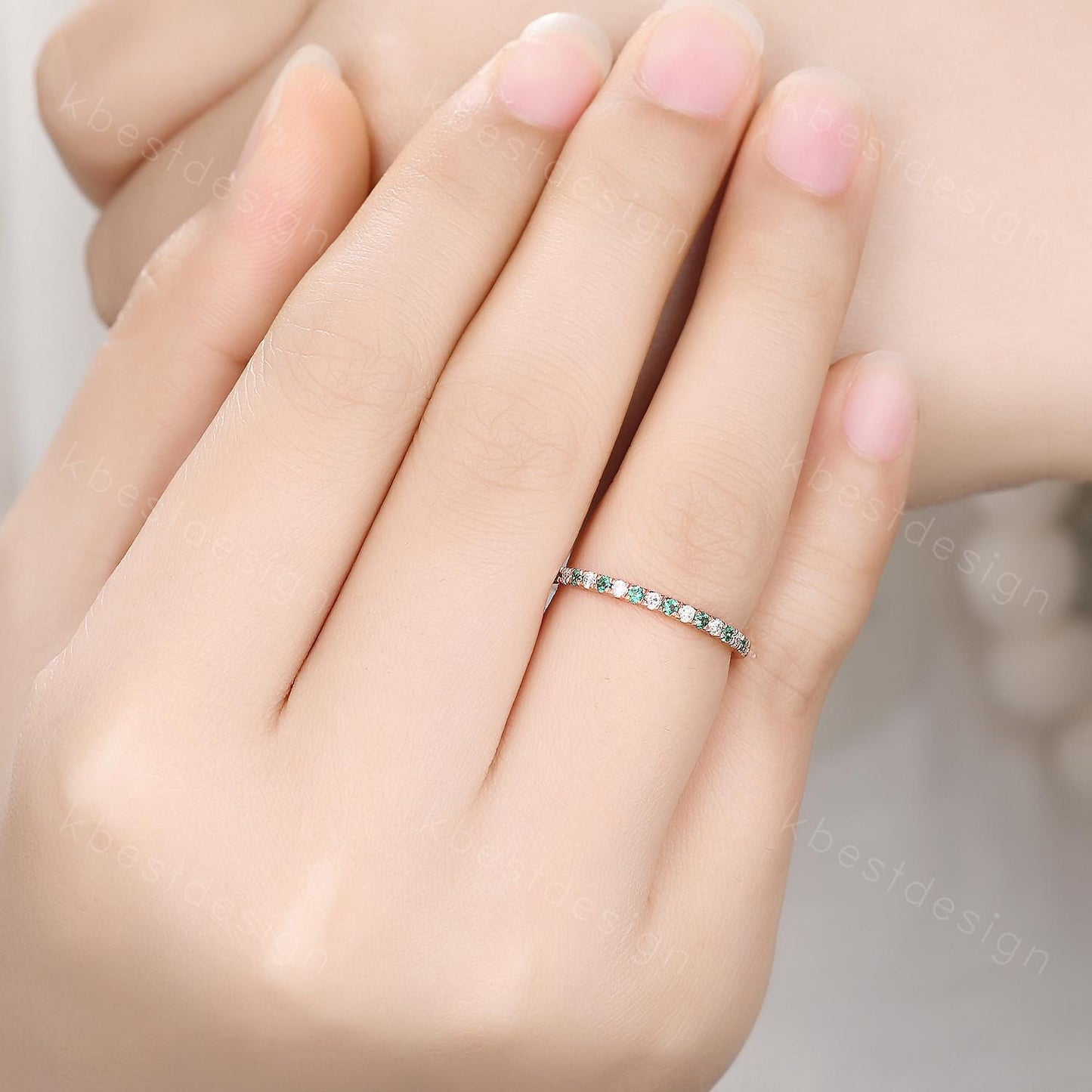 Half Eternity Emerald Wedding Band 1.5mm Emerald Moissanite Wedding Band Rose Gold Matching Ring Pave Stacking Band Anniversary Gift for Her