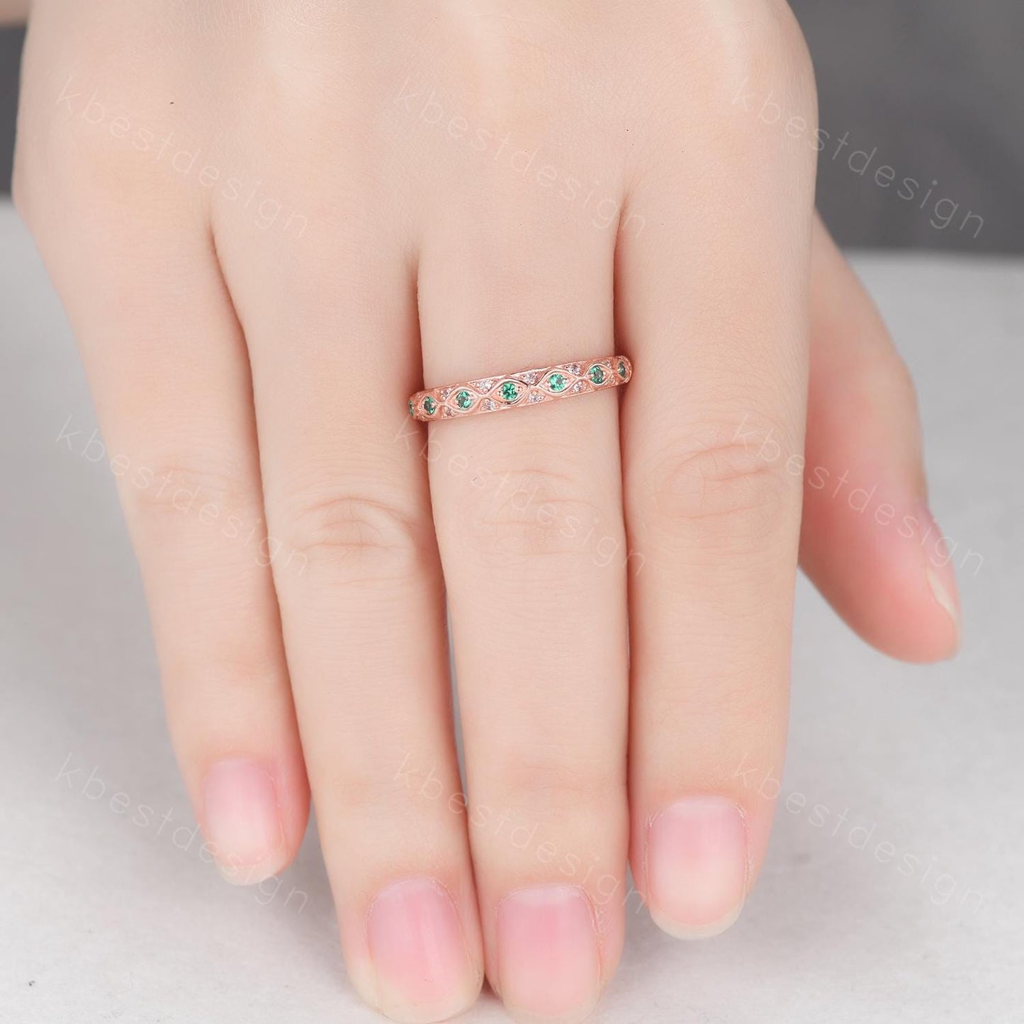 Antique Emerald Wedding Band Rose Gold Ring Women Vintage Wedding Ring May Birthstone Stacking Ring Anniversary Gift for Her Handmade