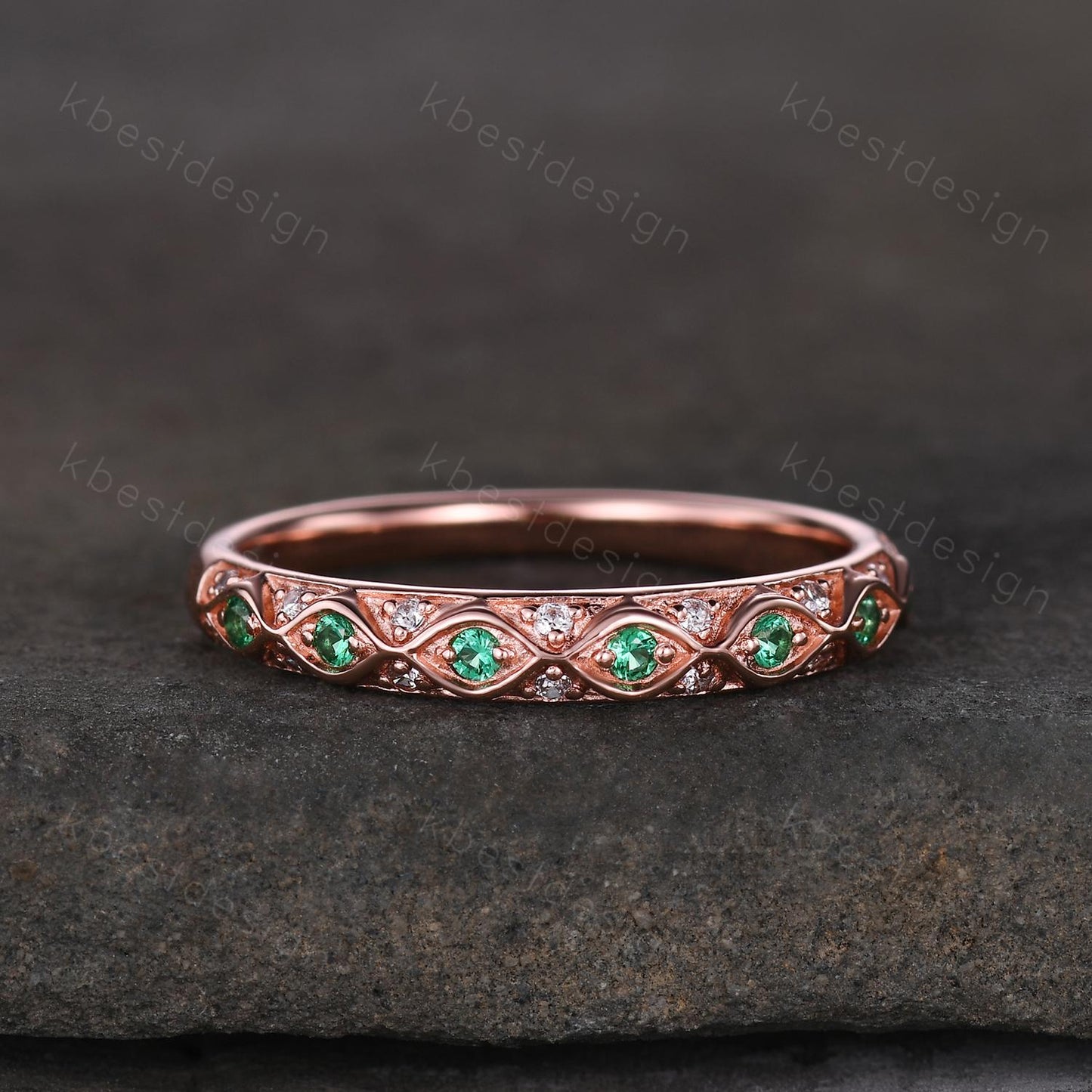 Antique Emerald Wedding Band Rose Gold Ring Women Vintage Wedding Ring May Birthstone Stacking Ring Anniversary Gift for Her Handmade