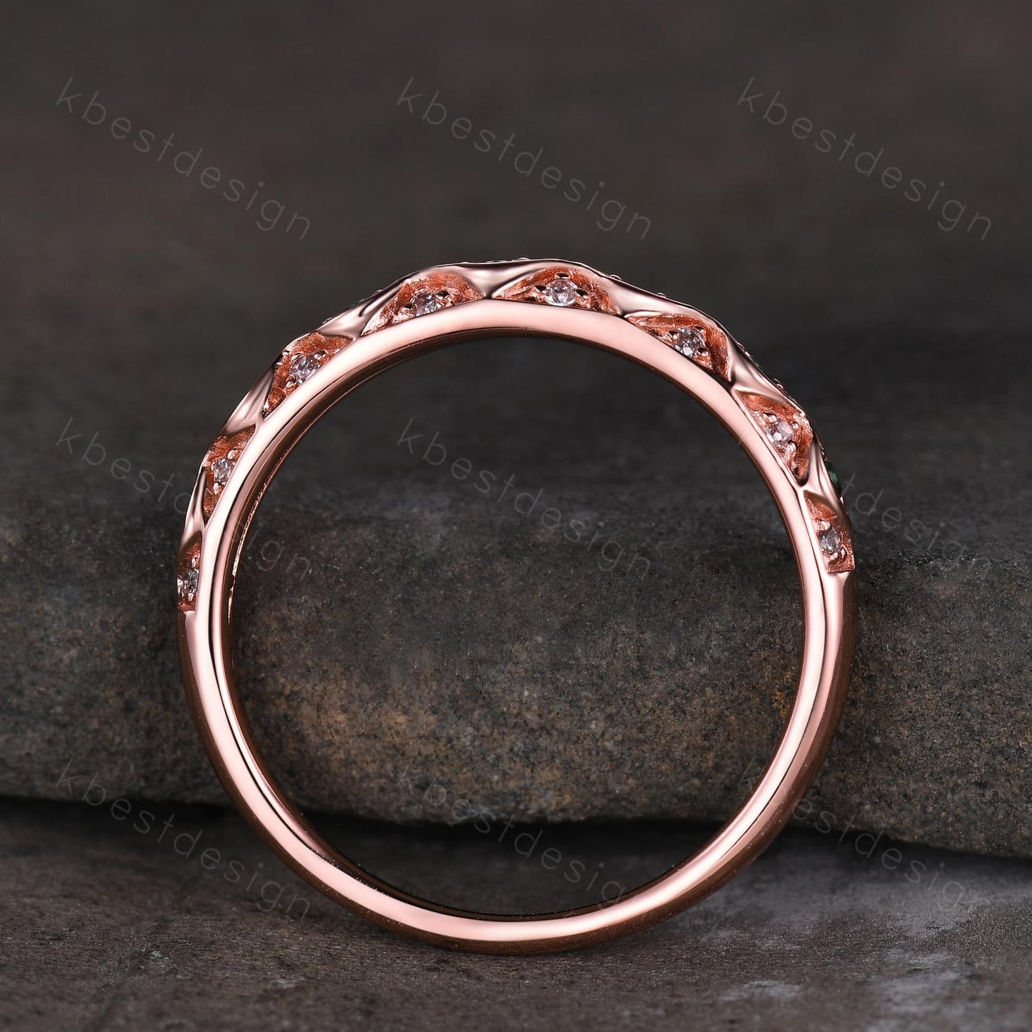 Antique Emerald Wedding Band Rose Gold Ring Women Vintage Wedding Ring May Birthstone Stacking Ring Anniversary Gift for Her Handmade