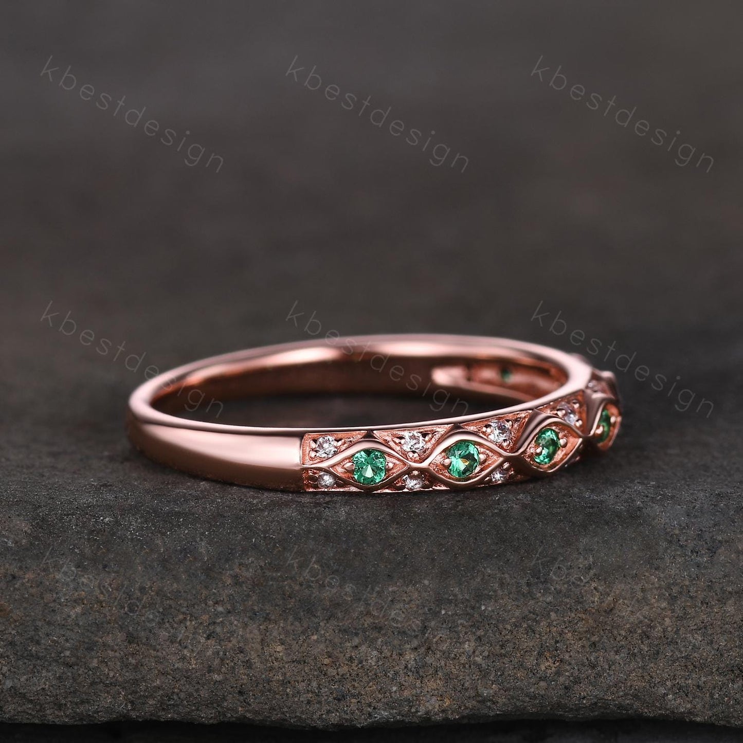Antique Emerald Wedding Band Rose Gold Ring Women Vintage Wedding Ring May Birthstone Stacking Ring Anniversary Gift for Her Handmade