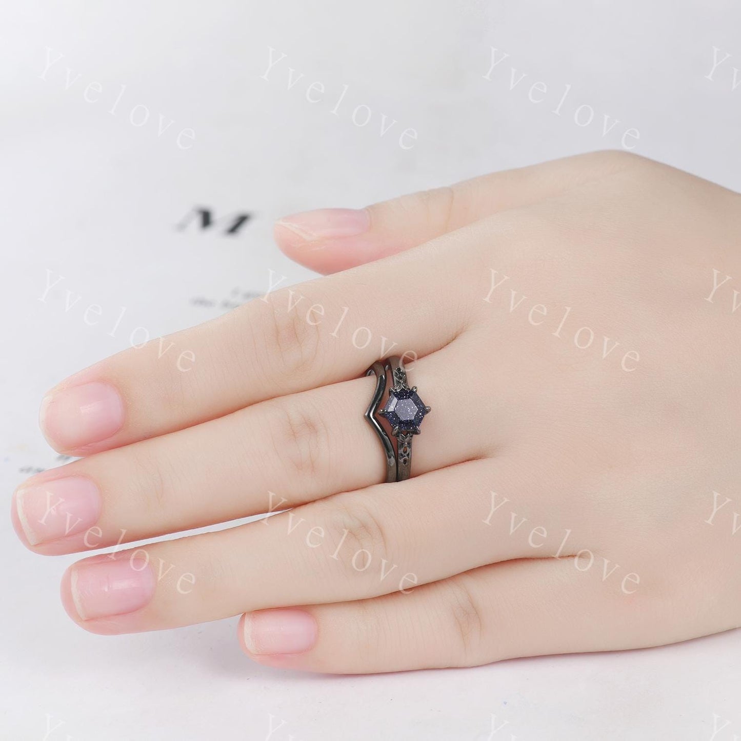 Vintage Blue Sandstone Engagement Ring,14k Black Gold Ring,Hexagon Cut Bridal Ring,Art Deco Galaxy Healing Ring Matching Band,Promise Gift