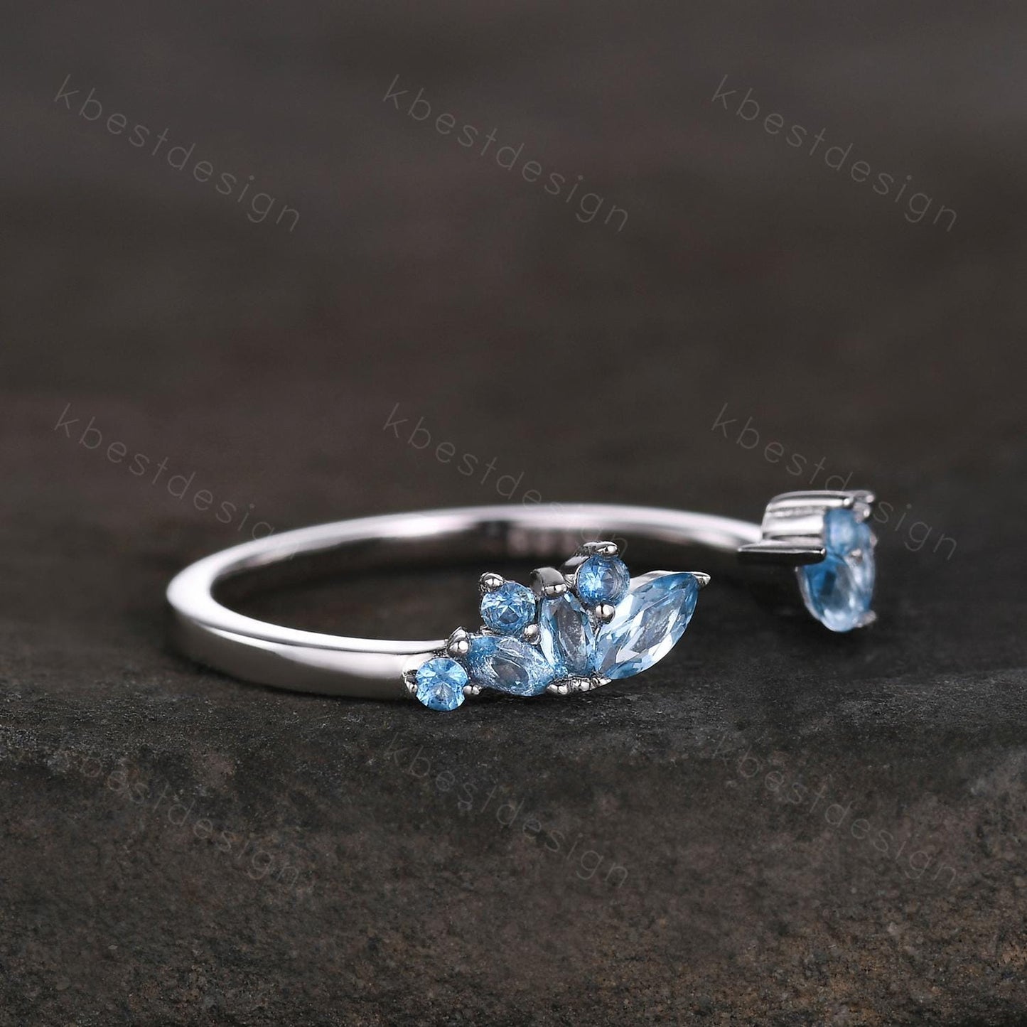Delicate Blue Topaz Wedding Band Rose Gold Open gap ring vintage petal wedding ring Dainty Stacking matching curved wedding band bridal ring