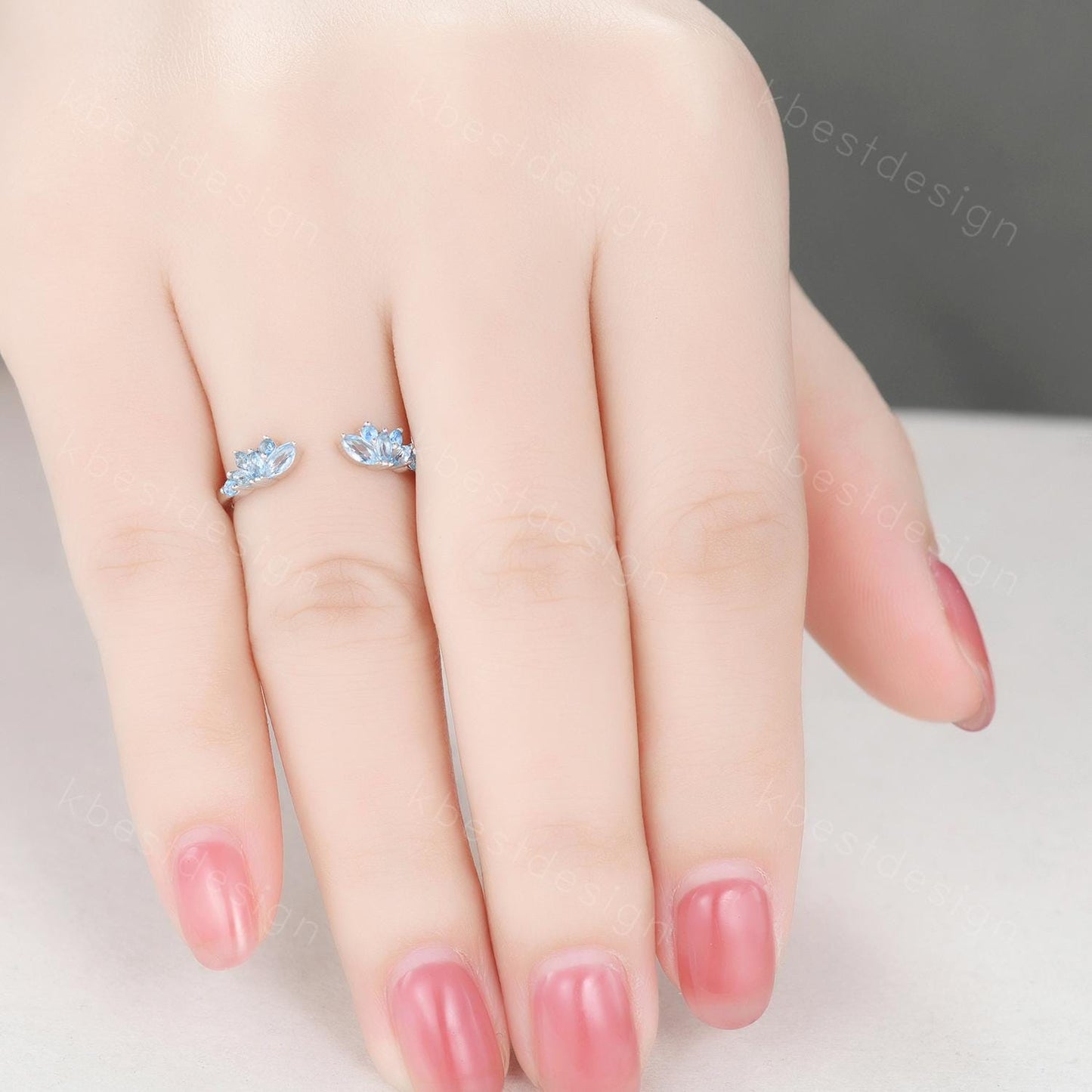 Delicate Blue Topaz Wedding Band Rose Gold Open gap ring vintage petal wedding ring Dainty Stacking matching curved wedding band bridal ring