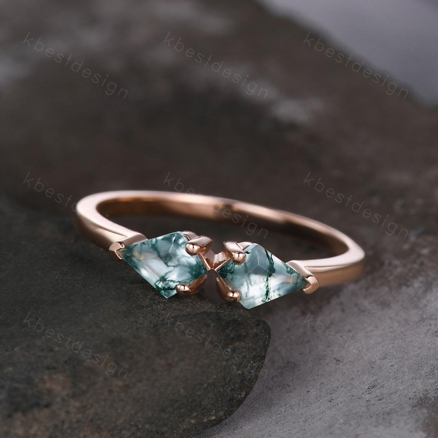 Kite cut green moss agate wedding ring unique rose gold moss agate ring two stones stacking band bridal wedding ring Anniversary gift