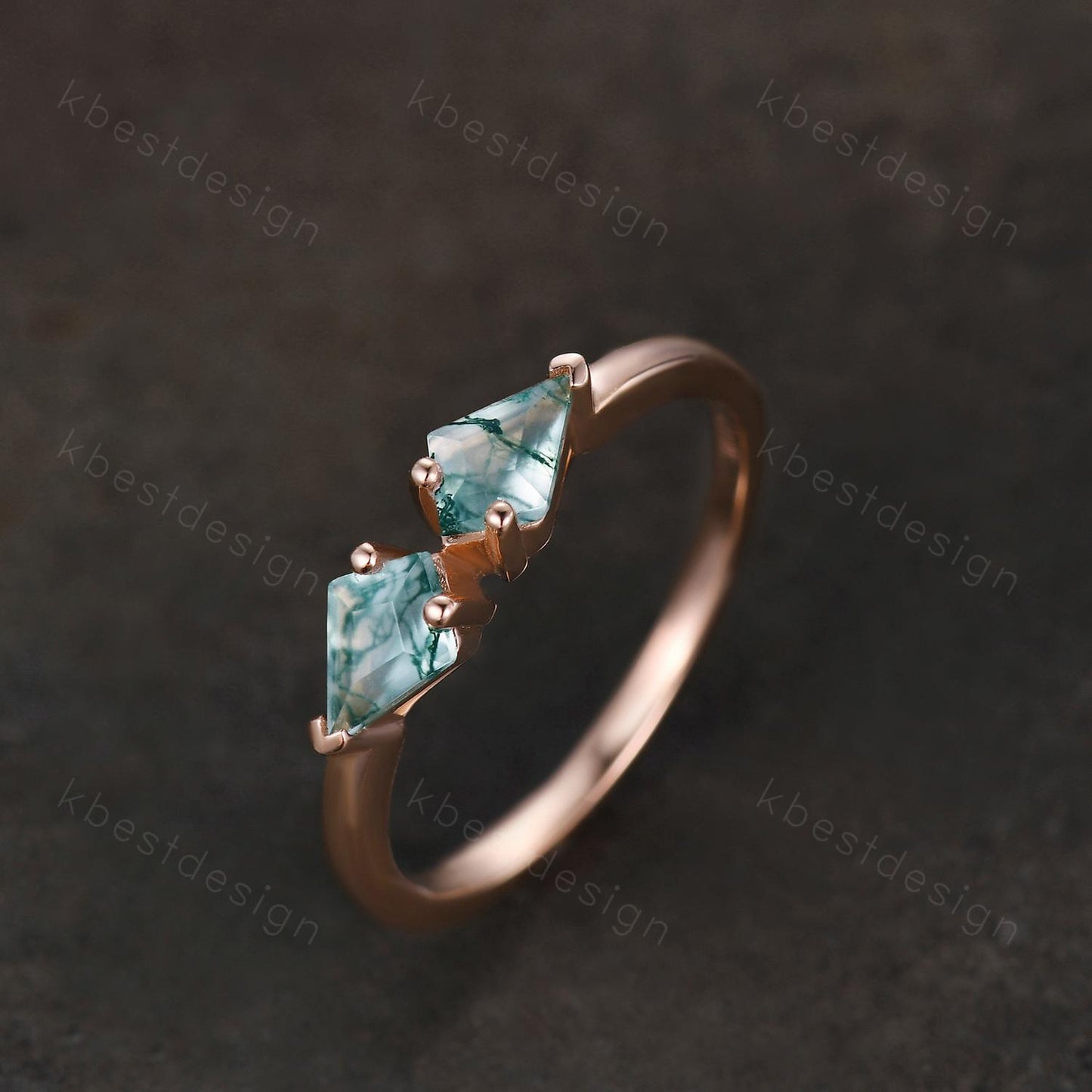 Kite cut green moss agate wedding ring unique rose gold moss agate ring two stones stacking band bridal wedding ring Anniversary gift