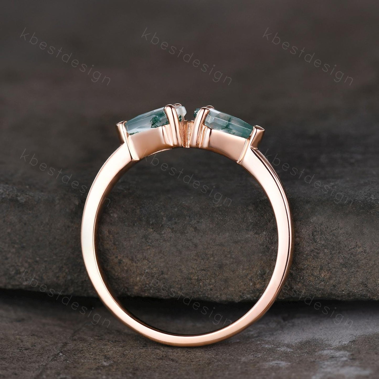 Kite cut green moss agate wedding ring unique rose gold moss agate ring two stones stacking band bridal wedding ring Anniversary gift