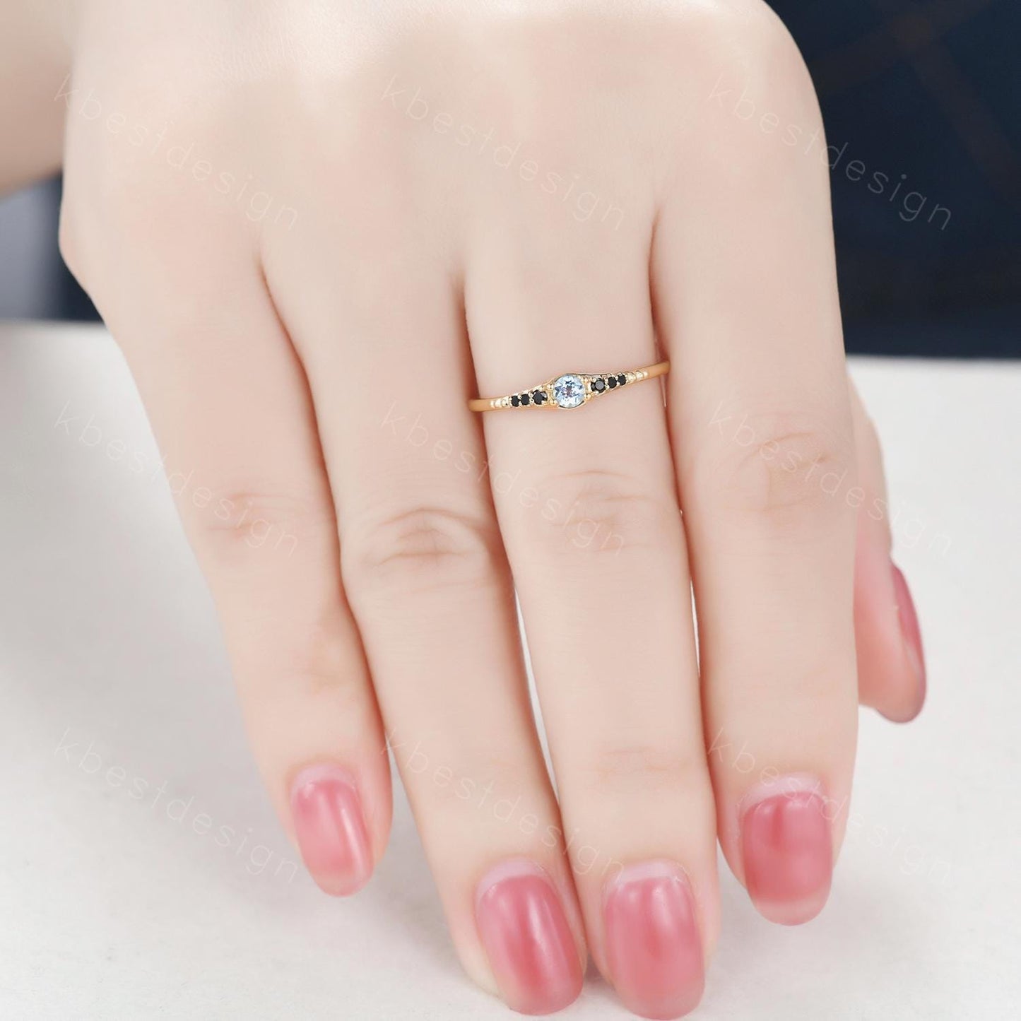 Natural aquamarine wedding ring 14k gold aquamarine and black spinel stacking band dainty gemstone matching band anniversary gift for her