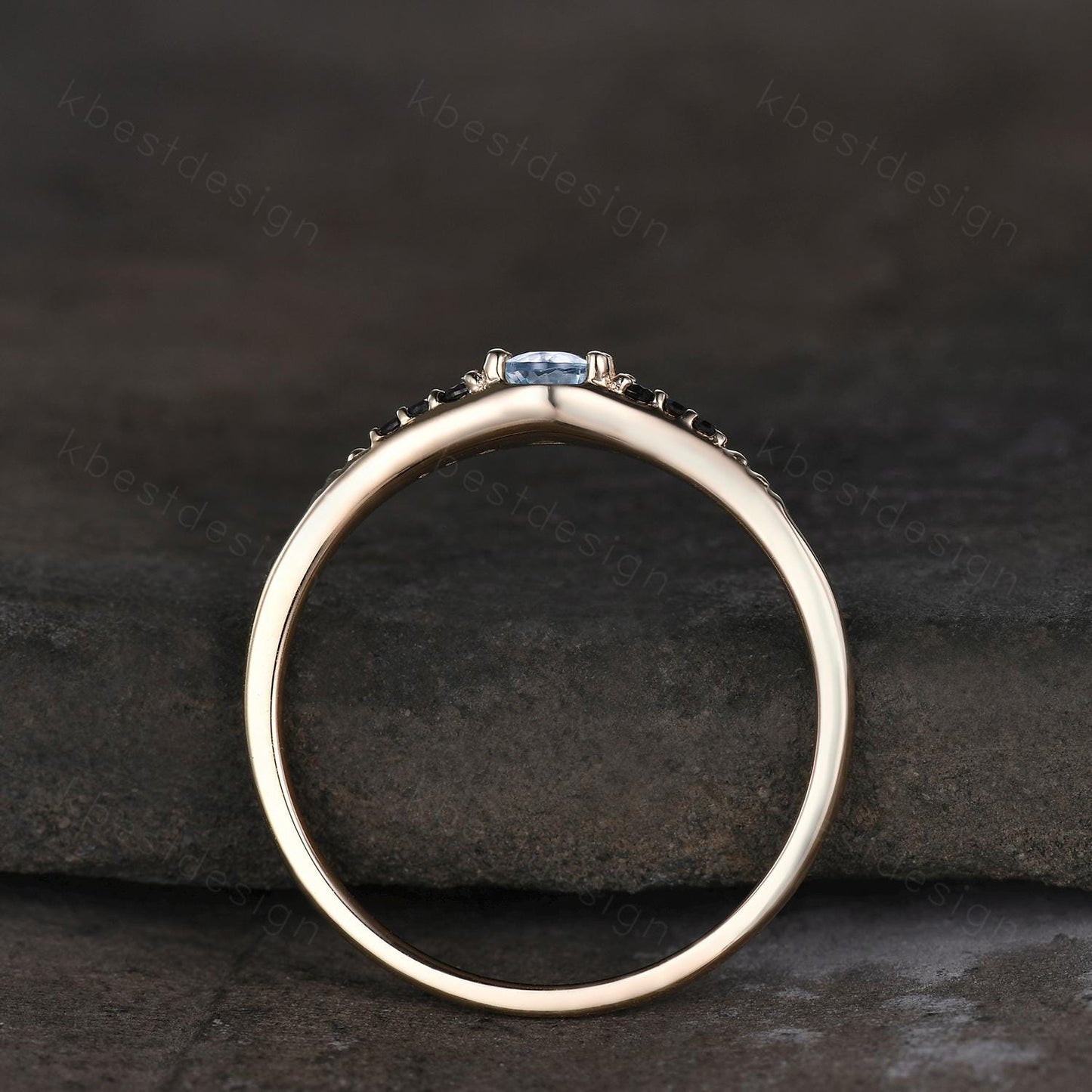 Natural aquamarine wedding ring 14k gold aquamarine and black spinel stacking band dainty gemstone matching band anniversary gift for her