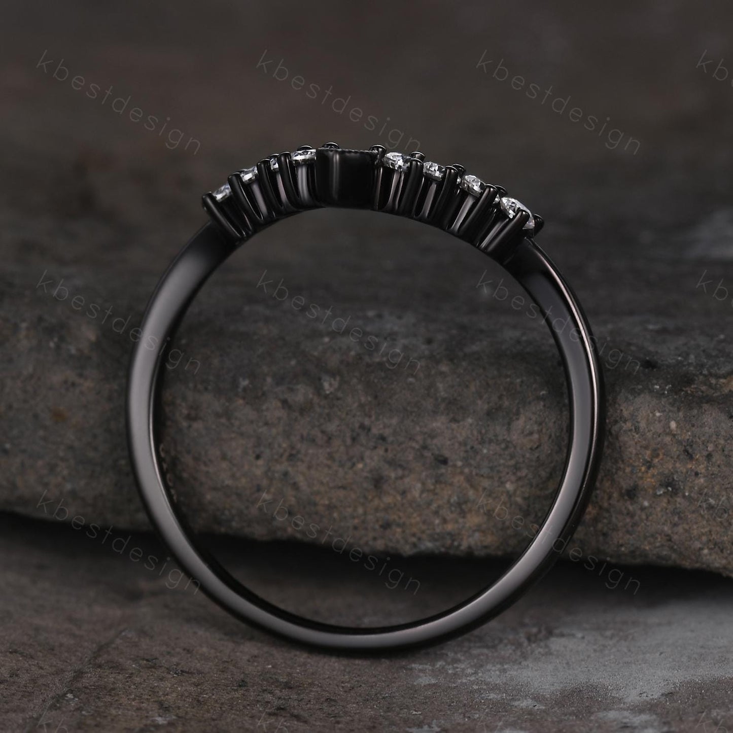 Curved moissanite wedding band Unique black gold stacking wedding band V curved matching band Anniversary gift for her