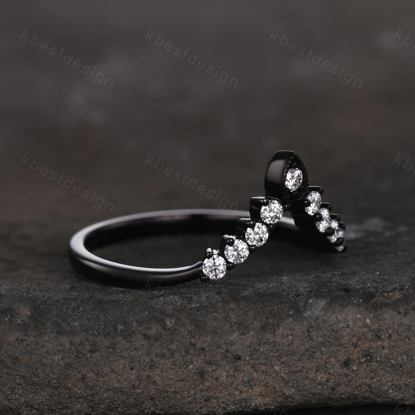 Curved moissanite wedding band Unique black gold stacking wedding band V curved matching band Anniversary gift for her