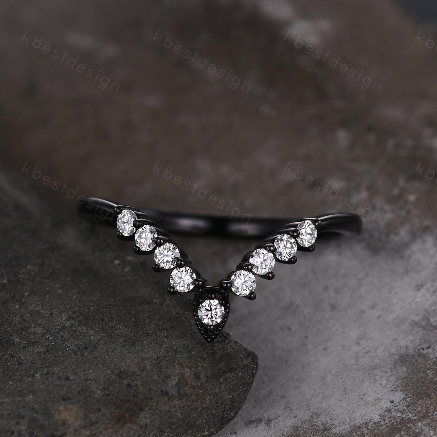 Curved moissanite wedding band Unique black gold stacking wedding band V curved matching band Anniversary gift for her