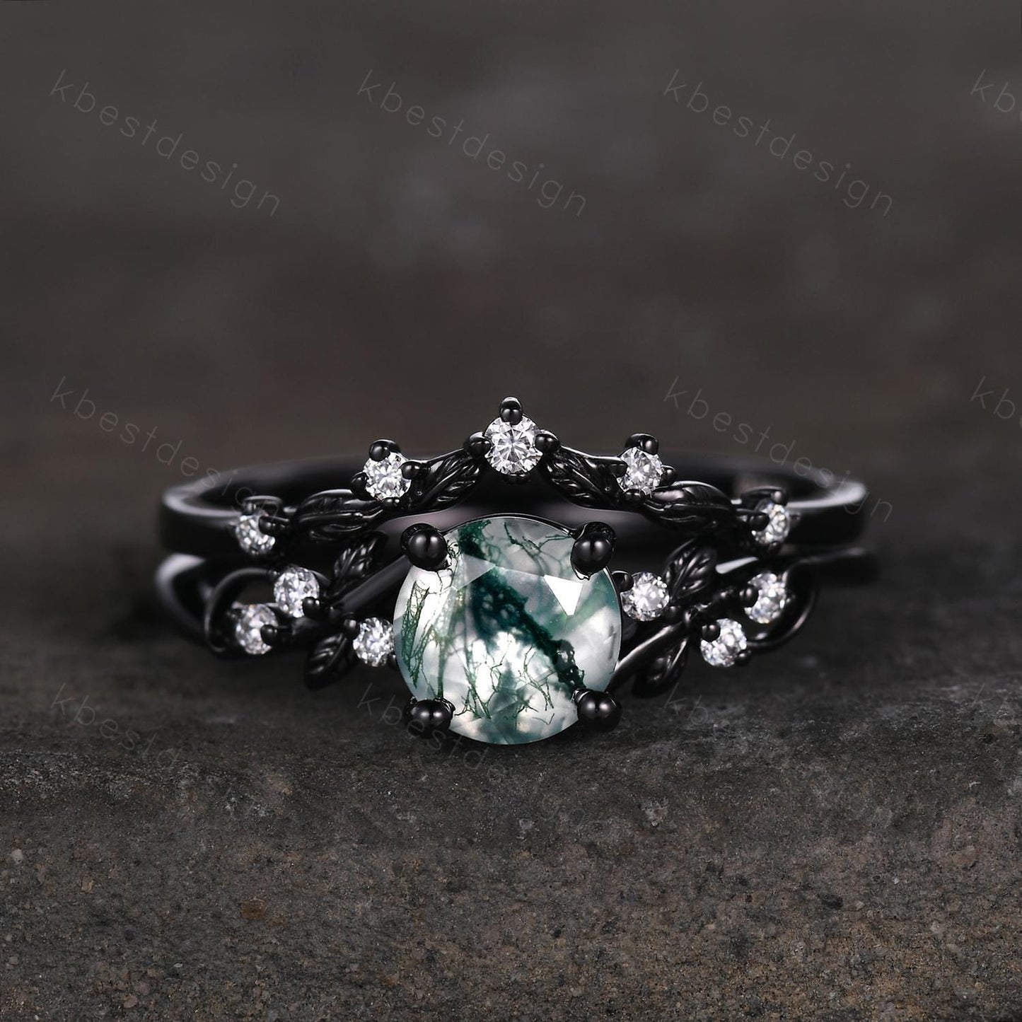 Vintage round moss agate engagement ring set black gold twig leaf moissanite ring nature branch ring unique art deco bridal wedding ring set