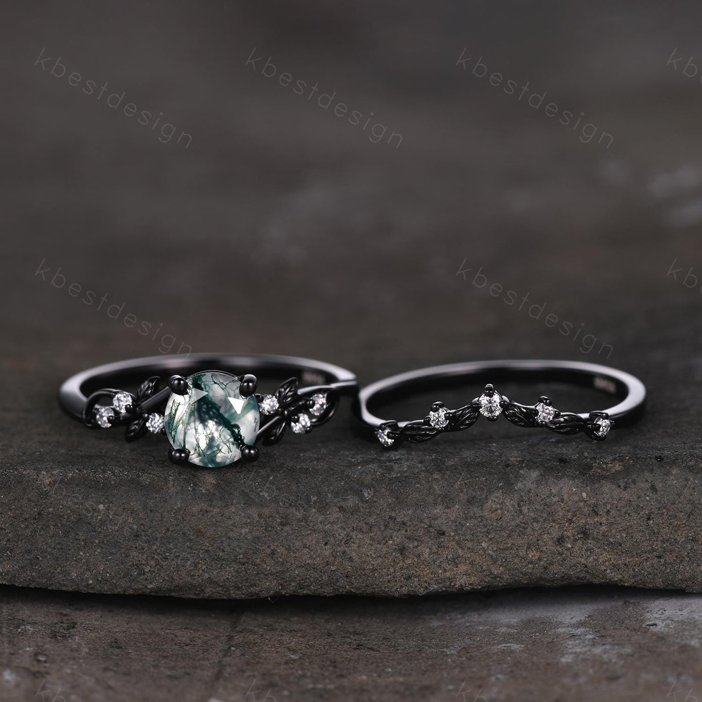 Vintage round moss agate engagement ring set black gold twig leaf moissanite ring nature branch ring unique art deco bridal wedding ring set