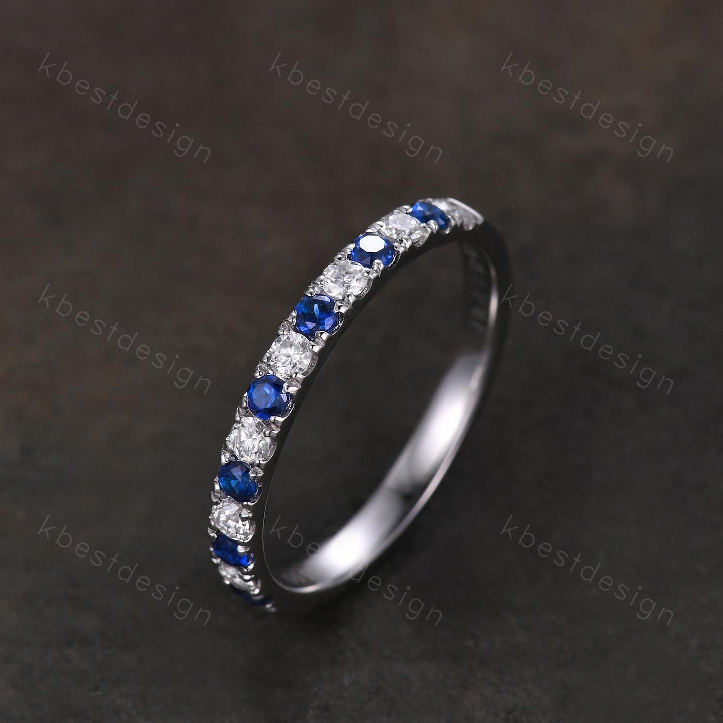 2mm Blue Sapphire Wedding Band Silver Half Eternity Stacking Band Colorless Moissanite Ring Women Matching Band Promise Anniversary Ring