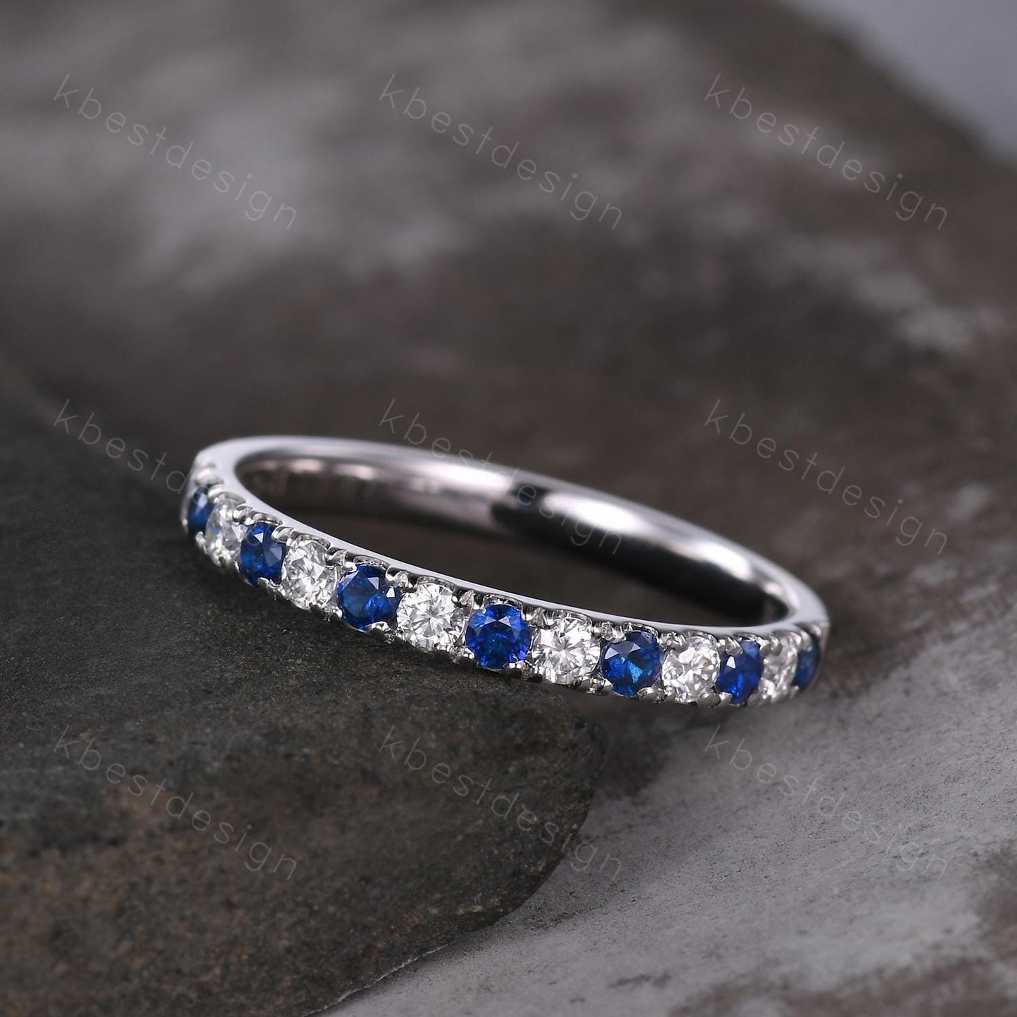 2mm Blue Sapphire Wedding Band Silver Half Eternity Stacking Band Colorless Moissanite Ring Women Matching Band Promise Anniversary Ring