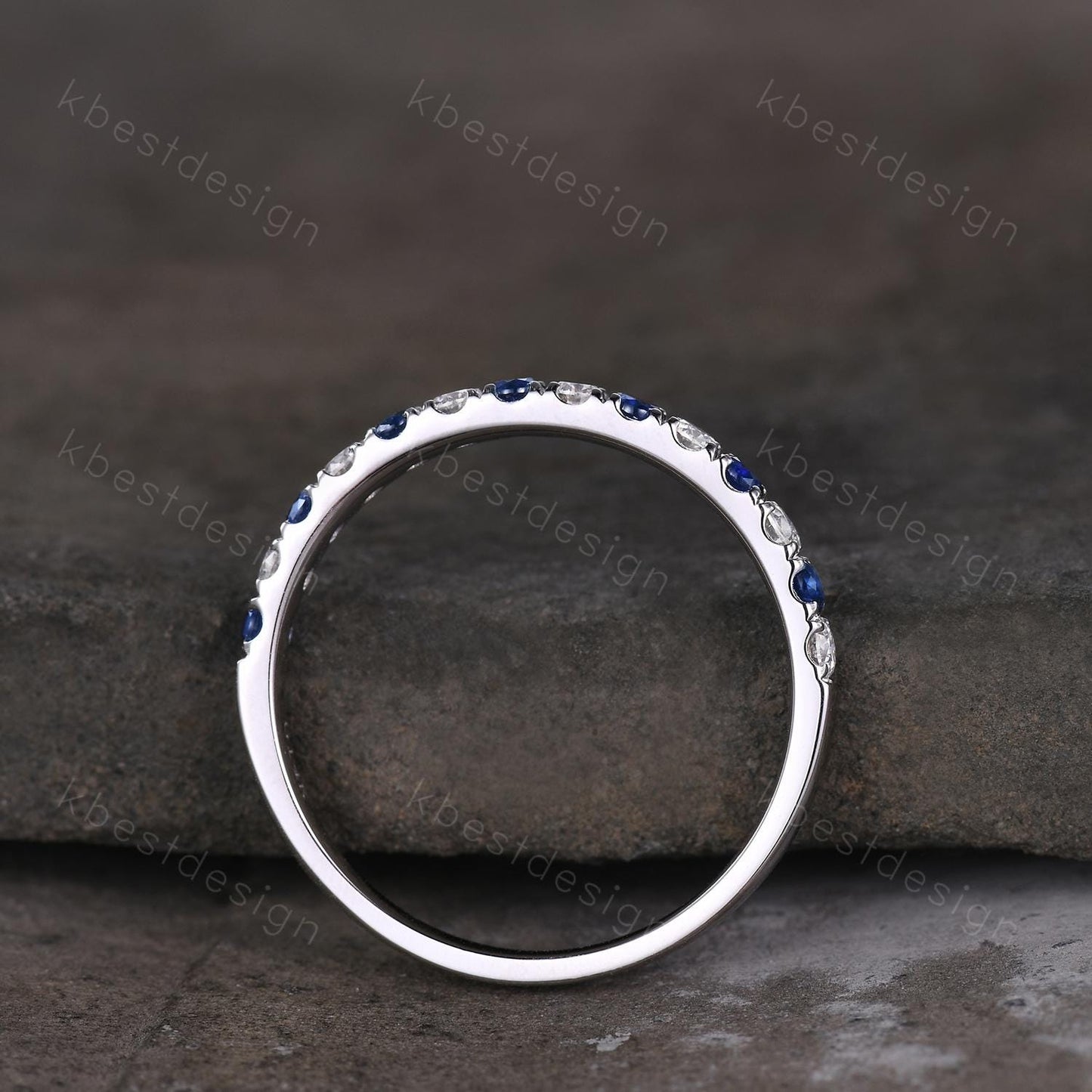 2mm Blue Sapphire Wedding Band Silver Half Eternity Stacking Band Colorless Moissanite Ring Women Matching Band Promise Anniversary Ring