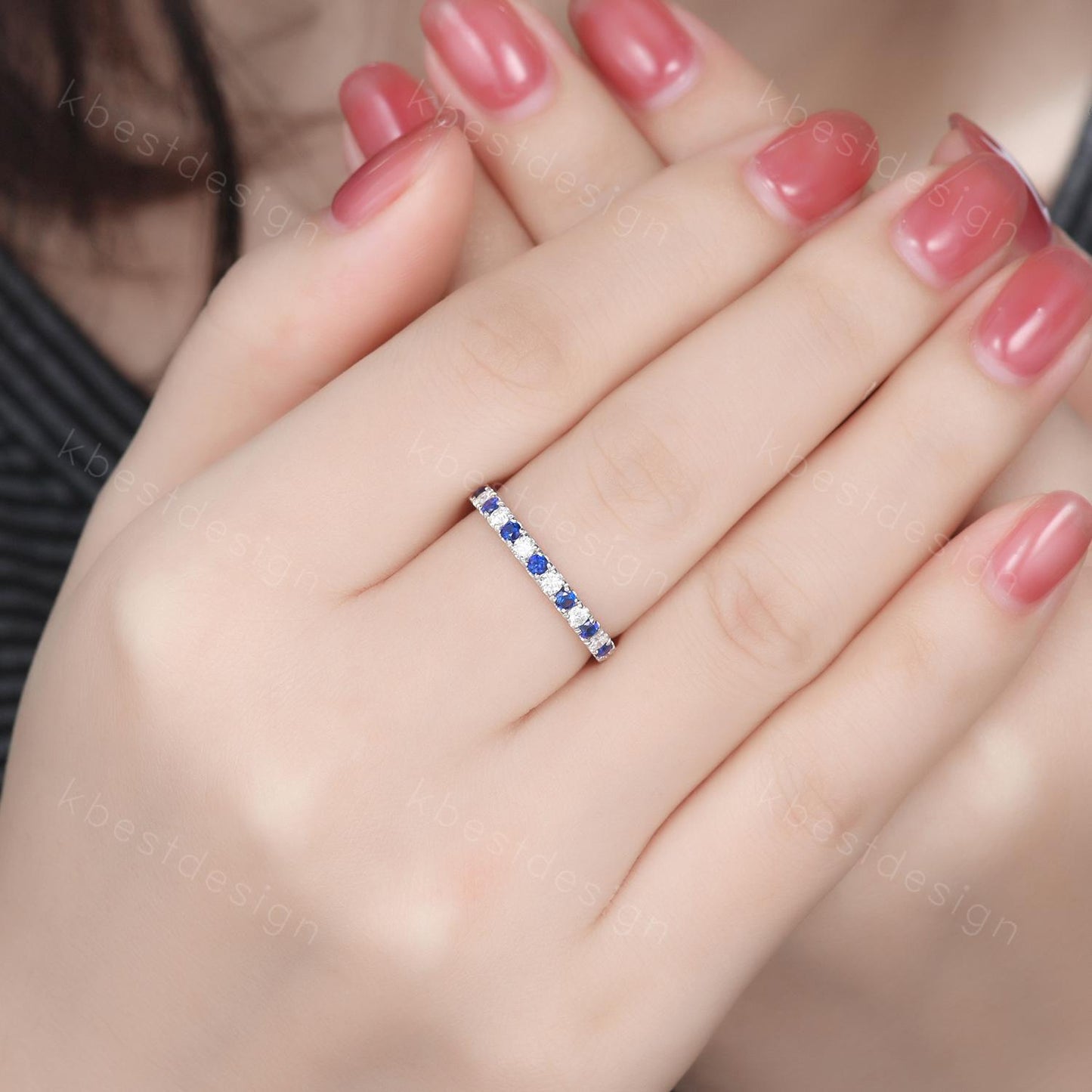 2mm Blue Sapphire Wedding Band Silver Half Eternity Stacking Band Colorless Moissanite Ring Women Matching Band Promise Anniversary Ring